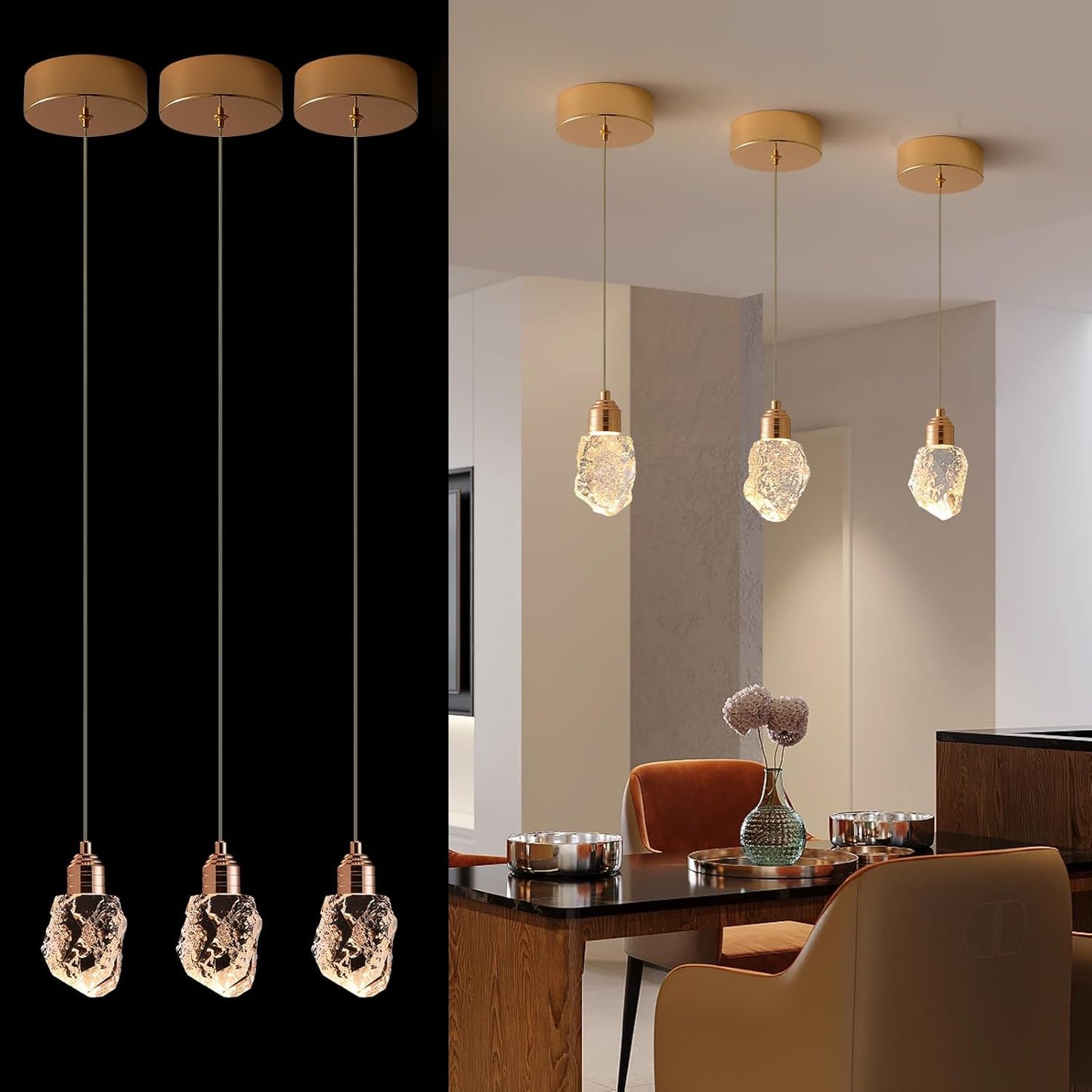 TKHKY Modern Gold Pendant Light Fixtures, Crystal Pendant Lights with 3-Color, 3 Light Pendant Lights for Kitchen Island, Restaurants, Dining Room,