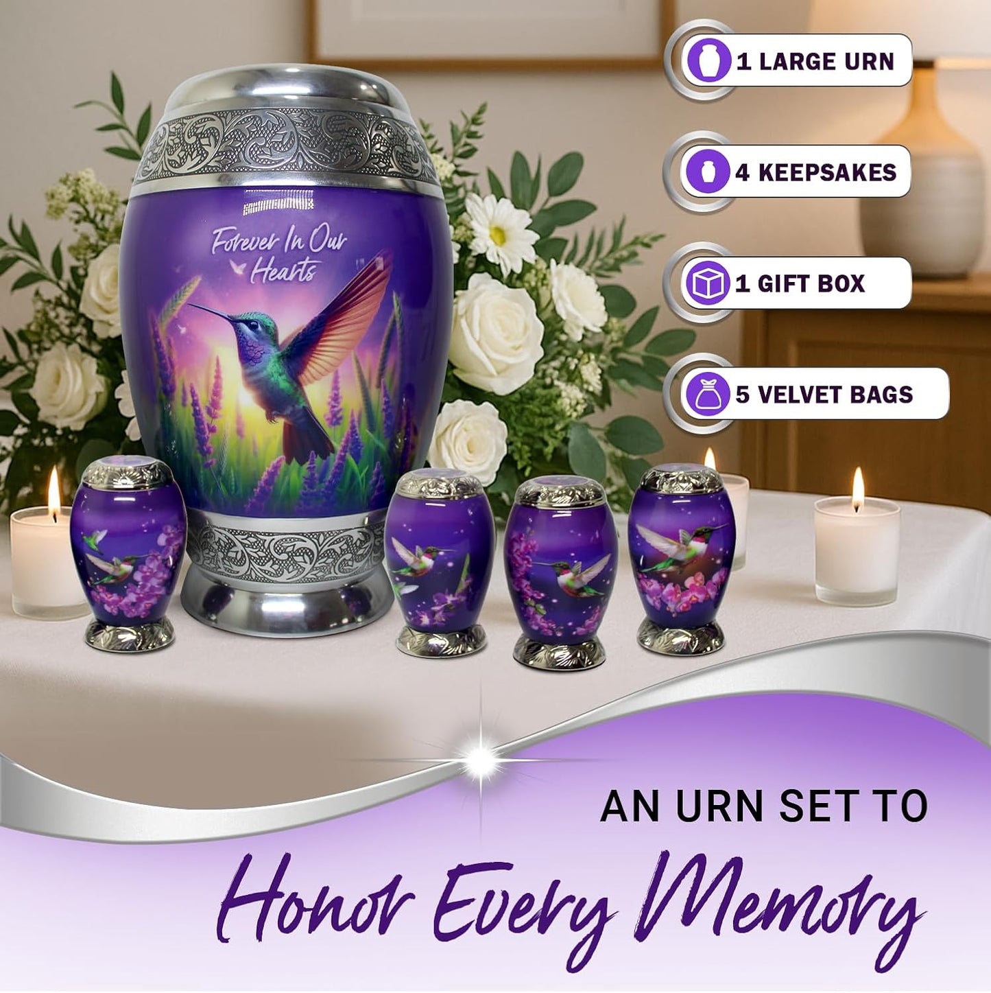 Small Urns for Human Ashes Adult Female Set of 6 - Hummingbird Urns for Ashes for Women - Purple Mini Urns for Sharing Ashes - Honor Loved Ones with Love and Grace