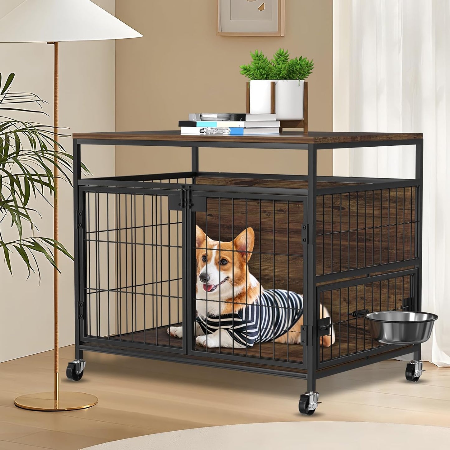 31' Dog Crate Furniture, Heavy Duty Wooden Side End Table, Indoor Dog Kennel Furniture for Small/Medium Dog, Double Doors & 360 Degree Rotating