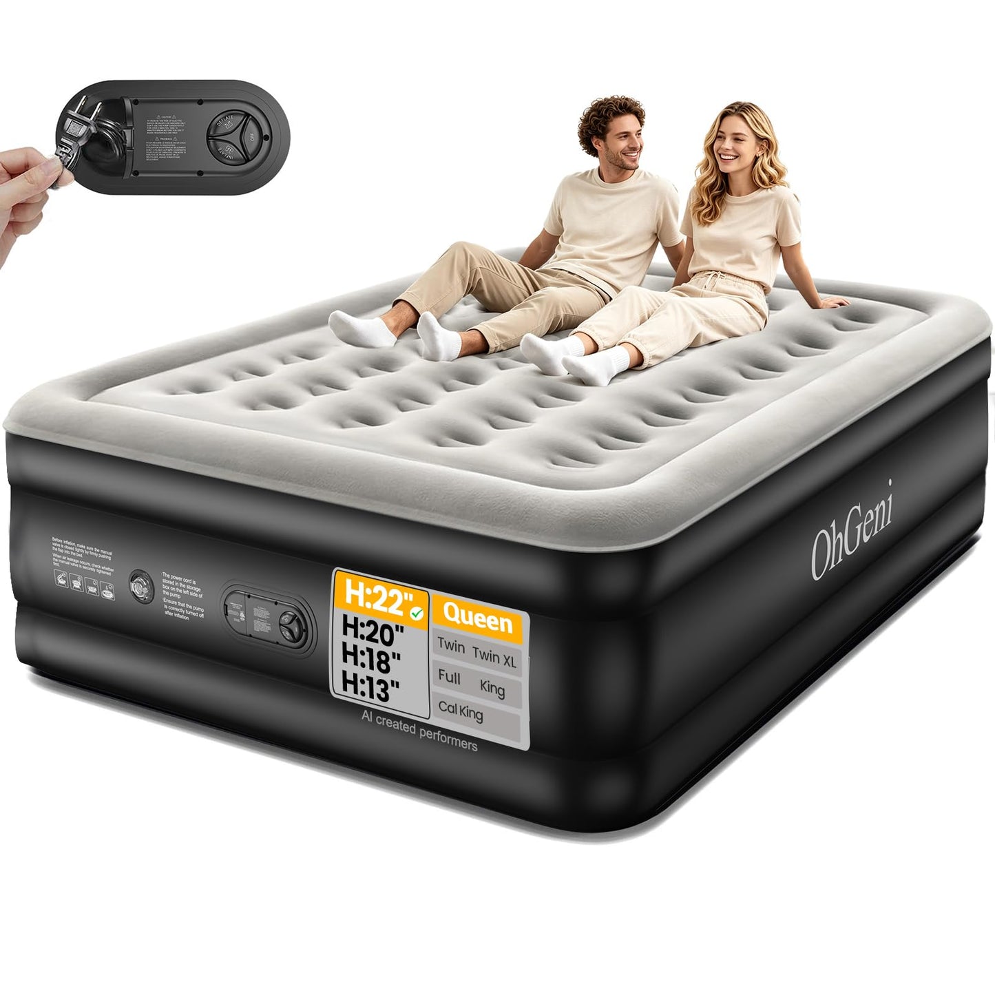 OhGeni 22" Raised Air Mattress Queen with Built in Pump, Inflatable Blow Up Mattress, Upgraded Surface Portable Bed for Home, Camping, Colchone Inflable, Ideal Sleep Solution for Guests, 650lbs
