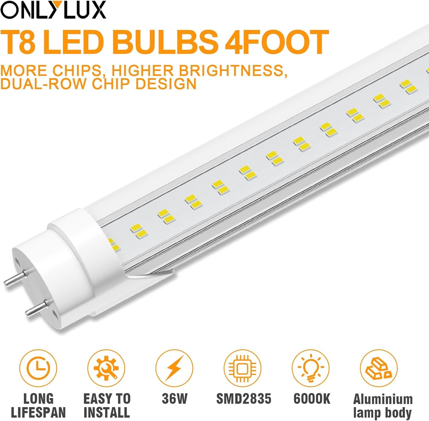 ONLYLUX T8 Bulbs 4 Foot 6500K Daylight, 5000Lumens, 36W, 4ft Led Bulbs Ballast Bypass Type B Dual-End Powered, 4ft Led Tubes Replacement F32T8 F32T12