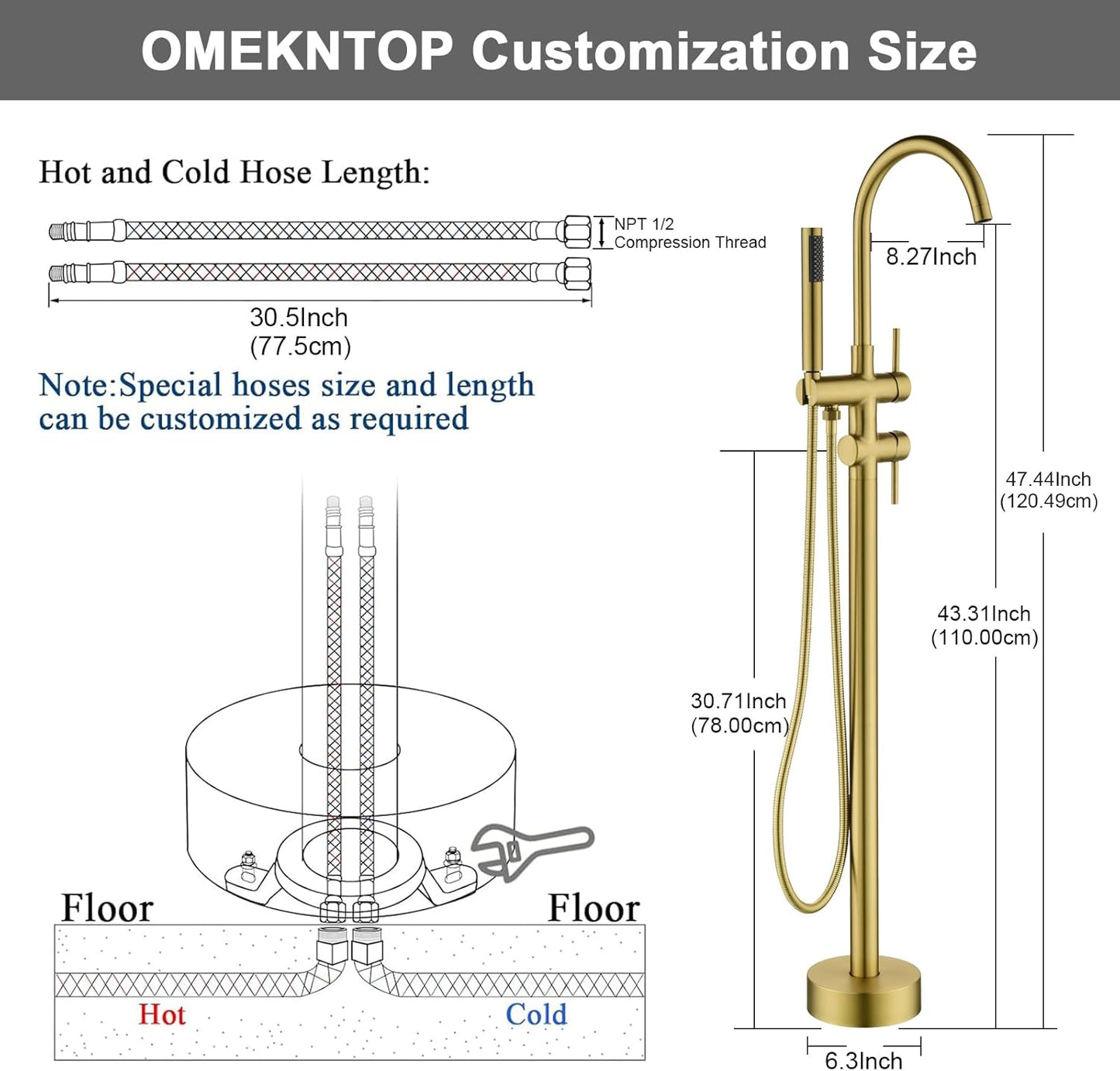 Freestanding Tub Faucets Gold Freestanding Tub Filler Freestanding Bathtub Faucet Floor Mount Bathroom Faucet with Hand Shower Sprayer Freestanding