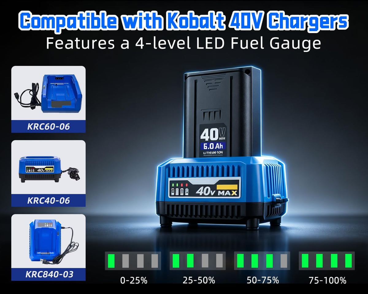 2 Pack 6.0Ah 40V Replacement for Kobalt 40V Battery, Compatible with KB640-06 KB540-06 KB440-06 KB340C-06 KB2540C-06 KPM1040A-03 KM-1640-06, for Cordless Lawn Mower & String Trimmer Power Tools