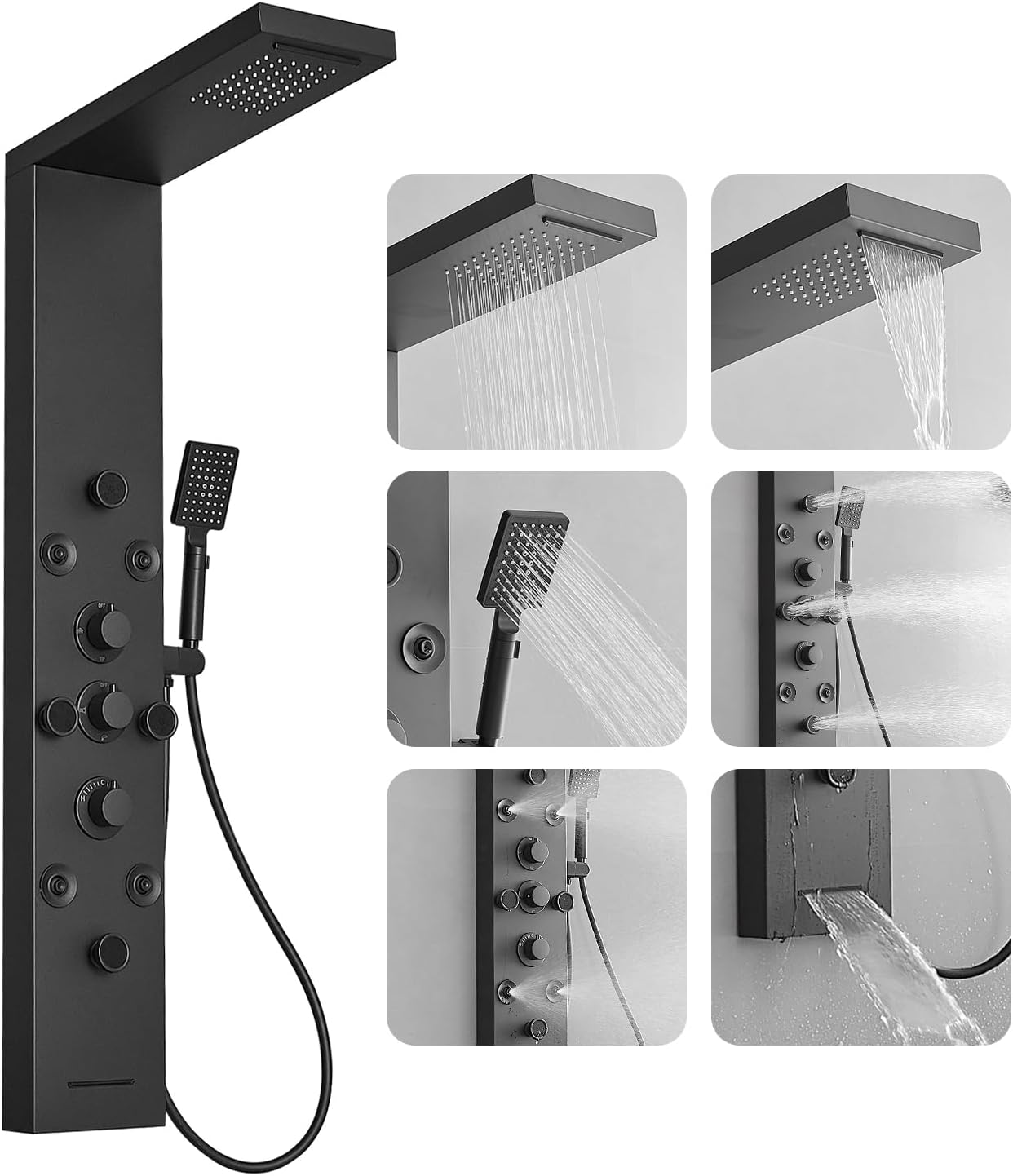 5 IN 1 Rainfall Waterfall Shower Panel with Handheld Shower Matte Black Stainless Steel Shower Tower Panel System Massage Body Jets with Tub Spout