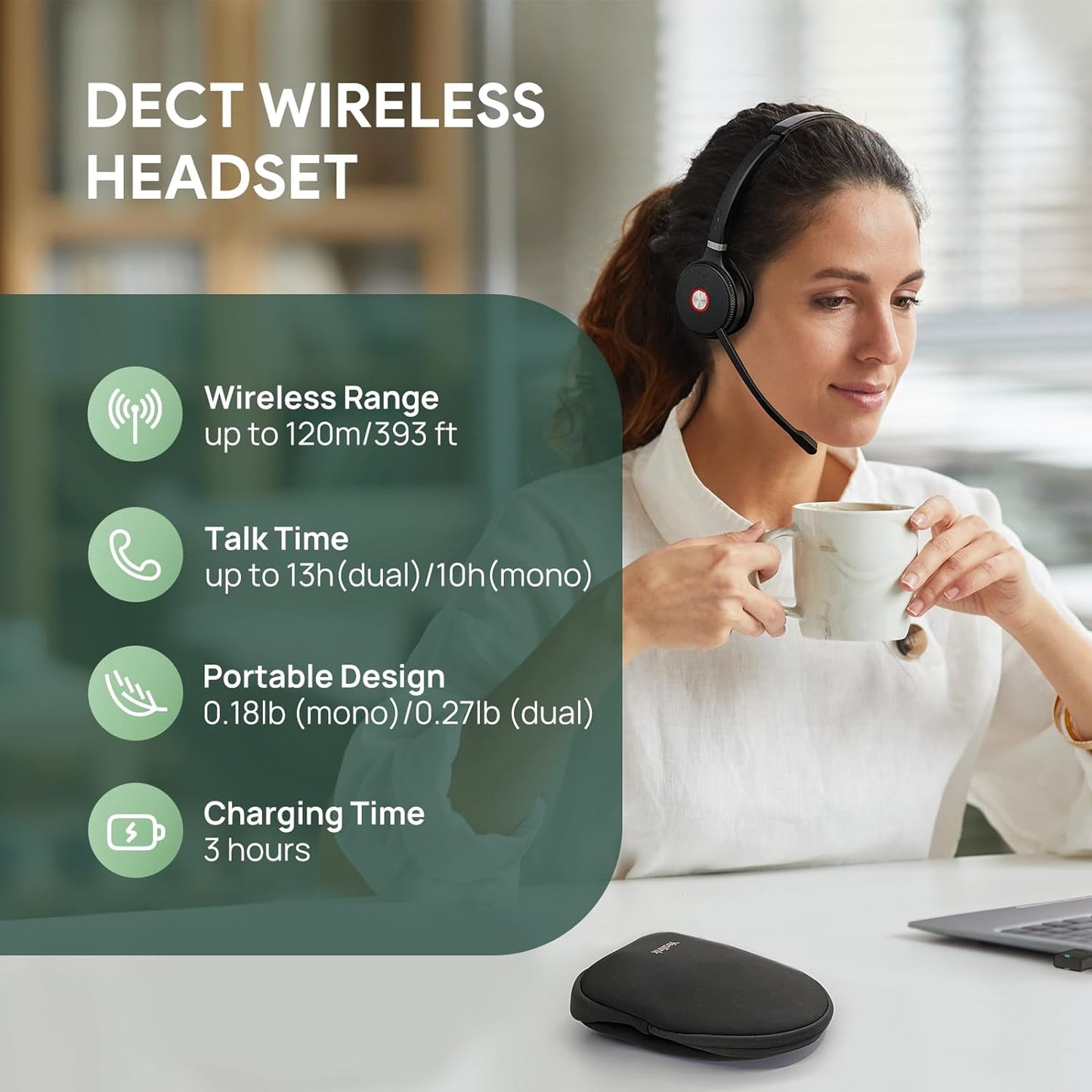 Yealink WH62 Portable Wireless Headset with DECT Dongle, Headset for Teams, Zoom Skype Certified, Office Work Headset