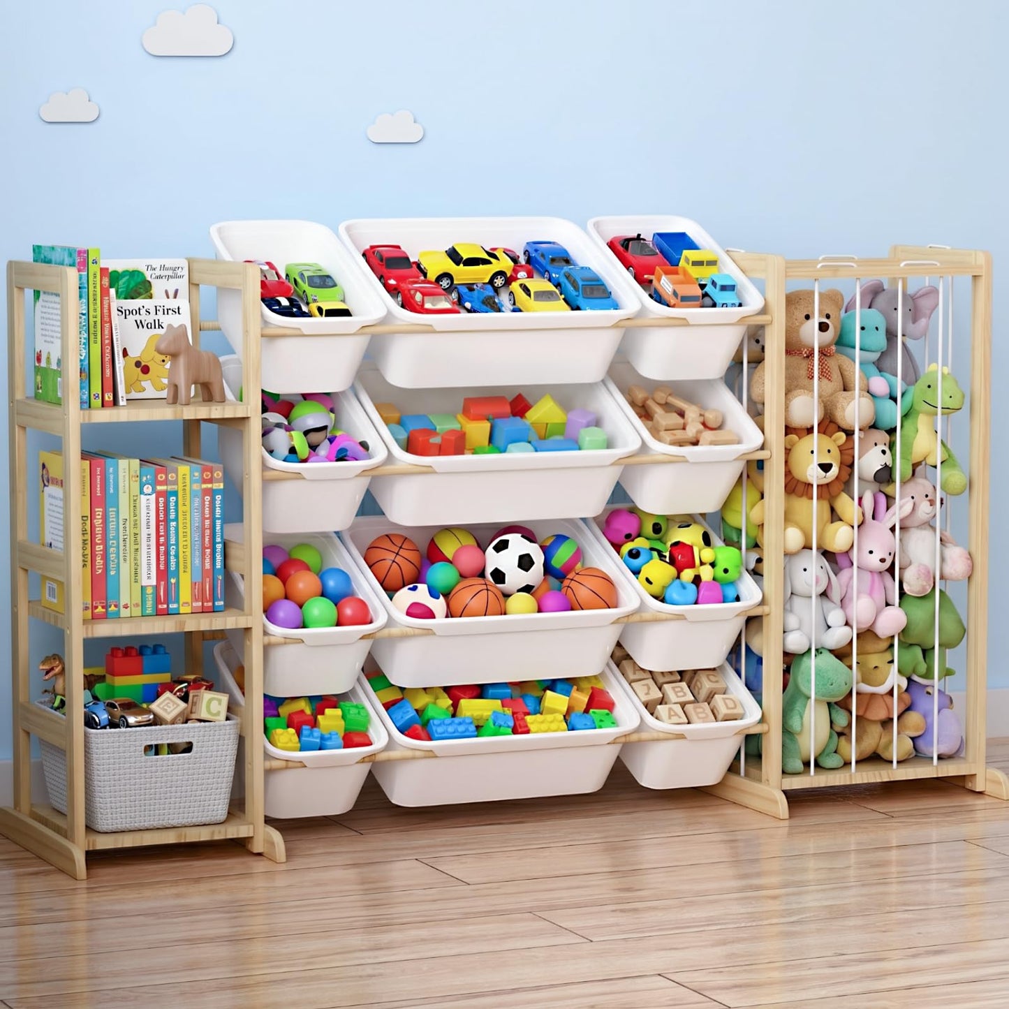 Toy Storage Organizer with Kids Bookshelf and Stuffed Animal Storage | Solid Wood Toy Shelf, Removable Toy Bins, Heavy Load Support, Large Stuffed Animal Holder, Toddler Kid Playroom Living Room