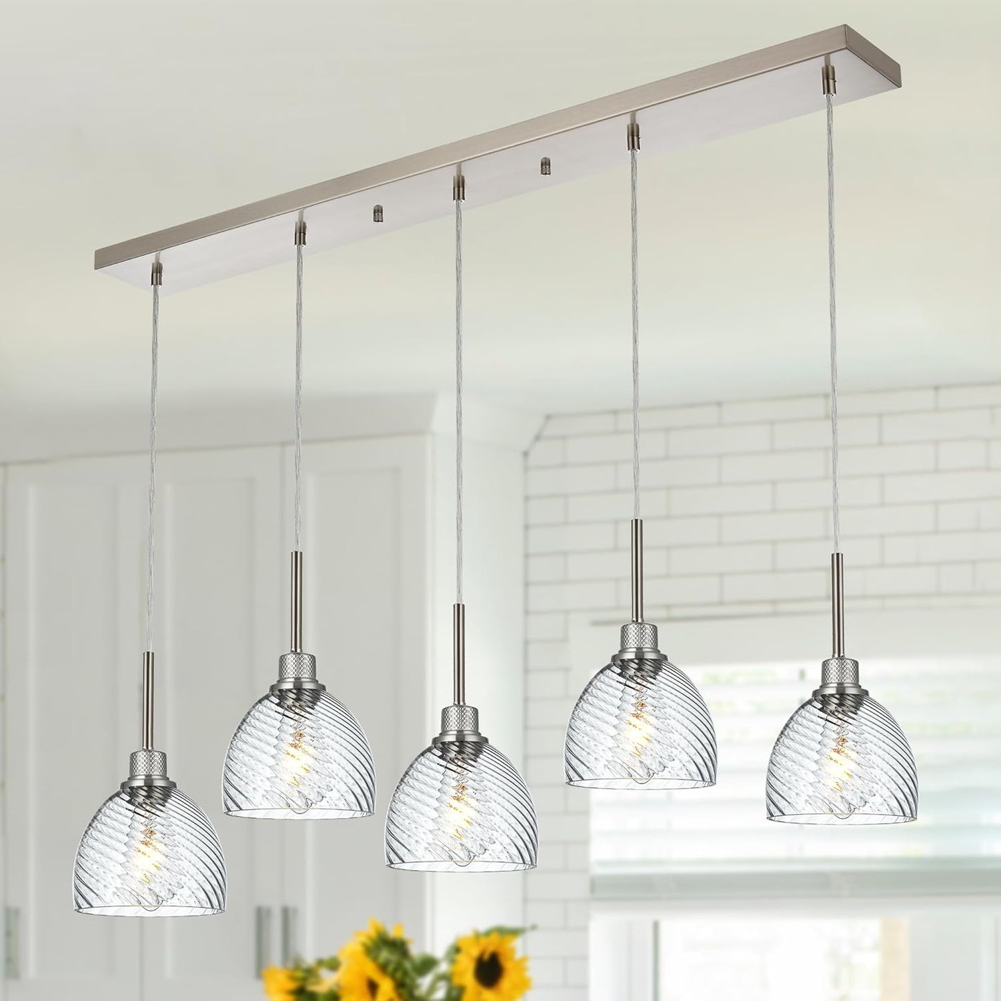 TODOLUZ 5-Lights Pendant Light Fixtures in Brushed Nickel, Modern Linear Chandelier with Clear Striped Glass Shades, Kitchen Island Lighting for