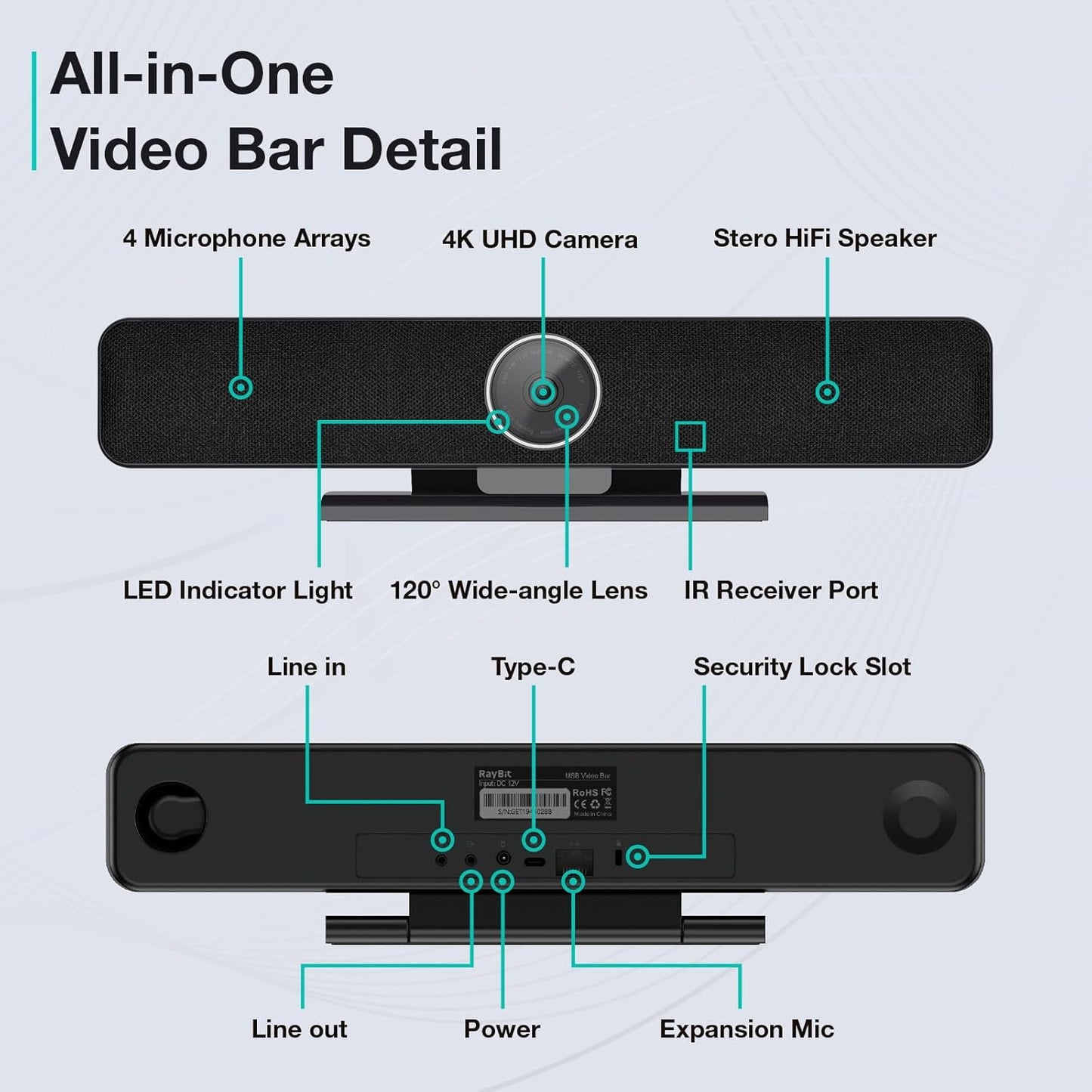 RayBit TB5 Video Conferencing System - Zoom Certificated, Ultra 4K Pro Audio and Video Conference Room Camera with 4 Microphone Arrays & Stereo