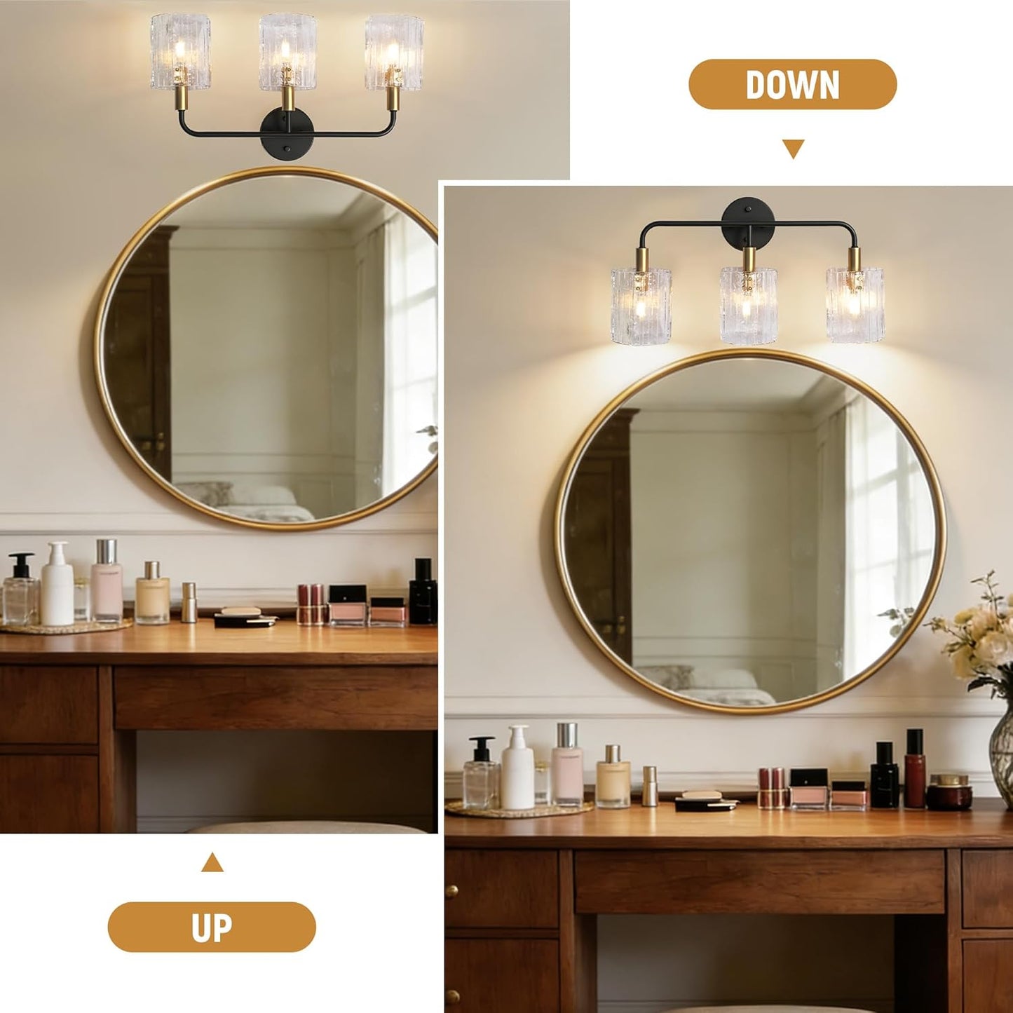 3-Light Glass Bathroom Vanity Lights Over Mirror, Black and Gold Bathroom Light Fixture with Clear Glass Shade, Modern Bathroom Wall Sconce Lighting for Mirror, Living Room (E12)