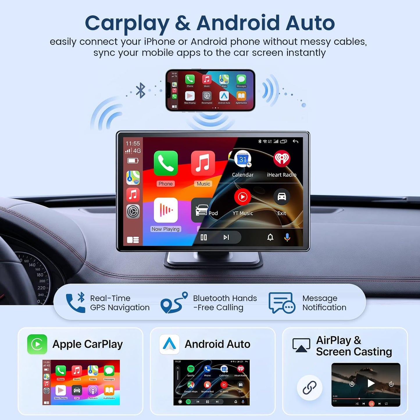Wireless CarPlay Screen for Car, 9" Touchscreen Car Stereo, 64GB SD 4K Dash Cam, Apple CarPlay & Android Auto Mirror Link, 1080P Backup Camera, GPS Navigation, Bluetooth Voice Control, Loop Recording