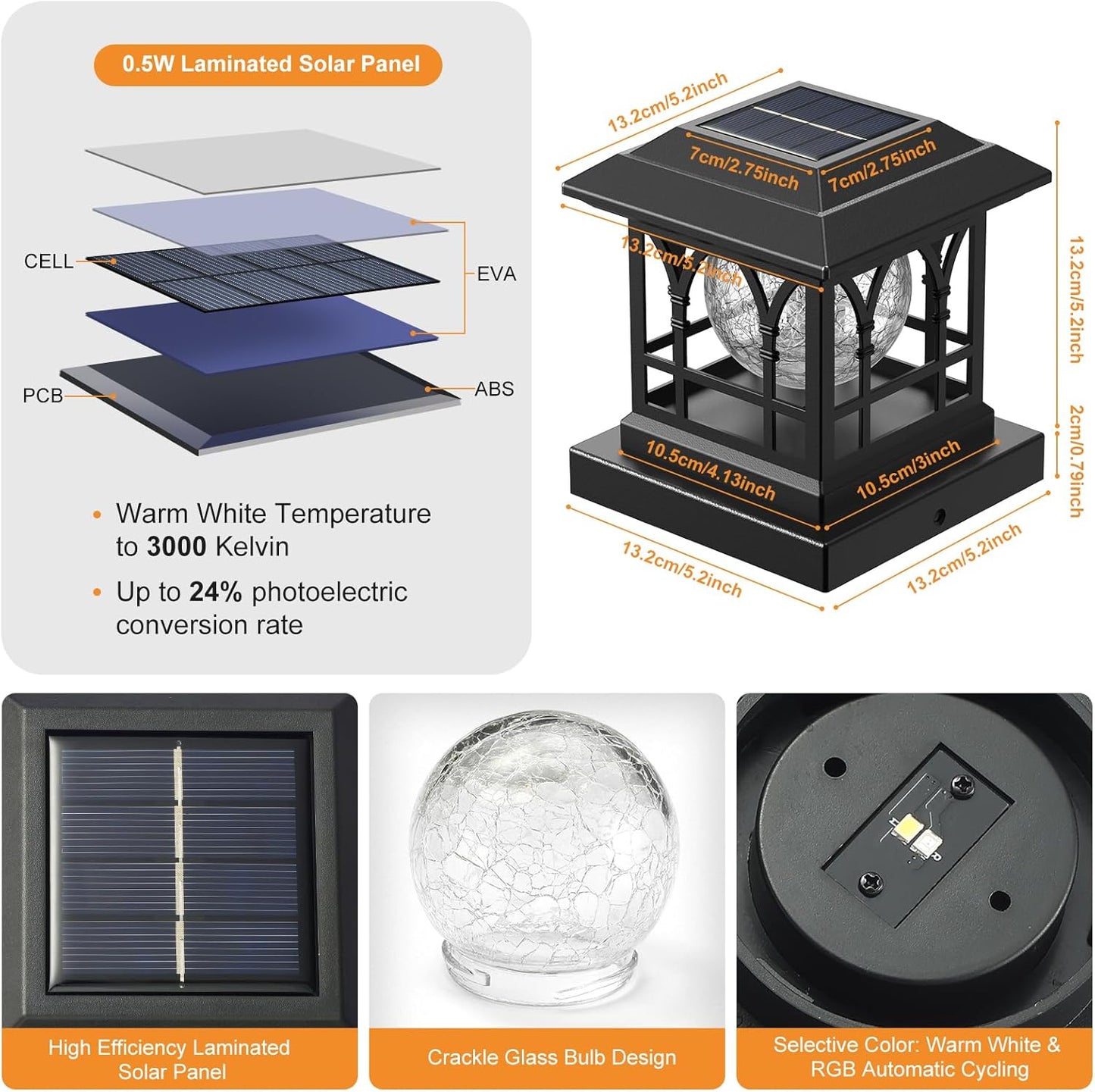 Fence Post Solar Lights, Crackle Glass Solar Post Cap Lights, 20 Lumens, Warm White & RGB Automatic Cycling 2