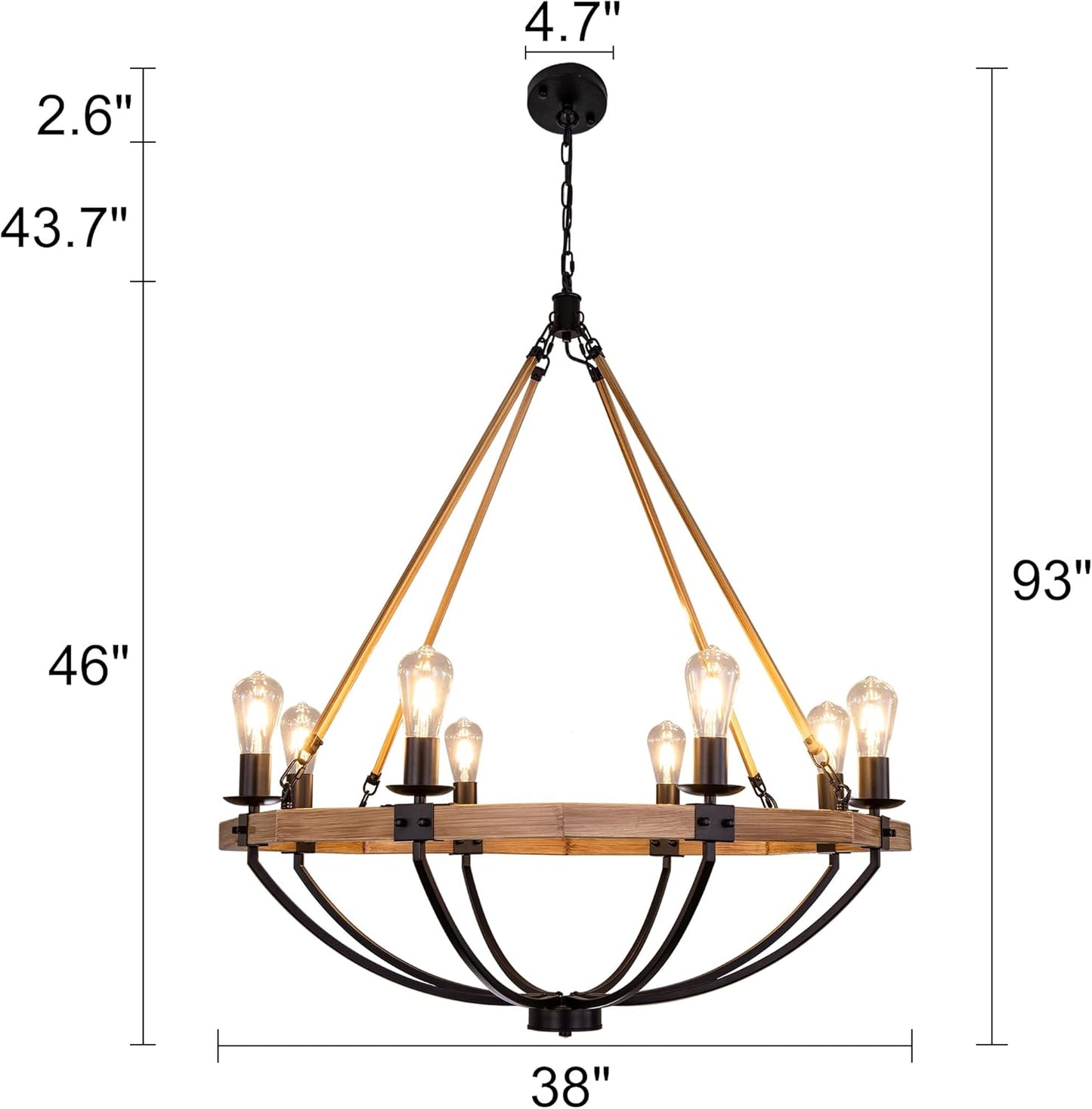 TOCHIC Chandelier 38&#34;, 8 Lights Farmhouse Dining Room Chandelier Light Fixture, Vintage Wagon Wheel Chandelier for Living Room, Rustic