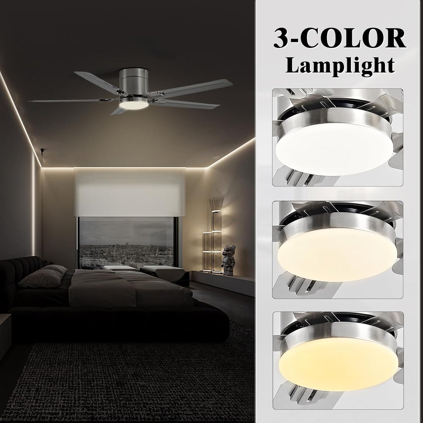 52inch Stainless Steel Ceiling Fan with Lights, 5 Blades, Remote Control, Low Profile Ceiling Fan, for Patio, Living Room, Bedroom, Office, Indoor,