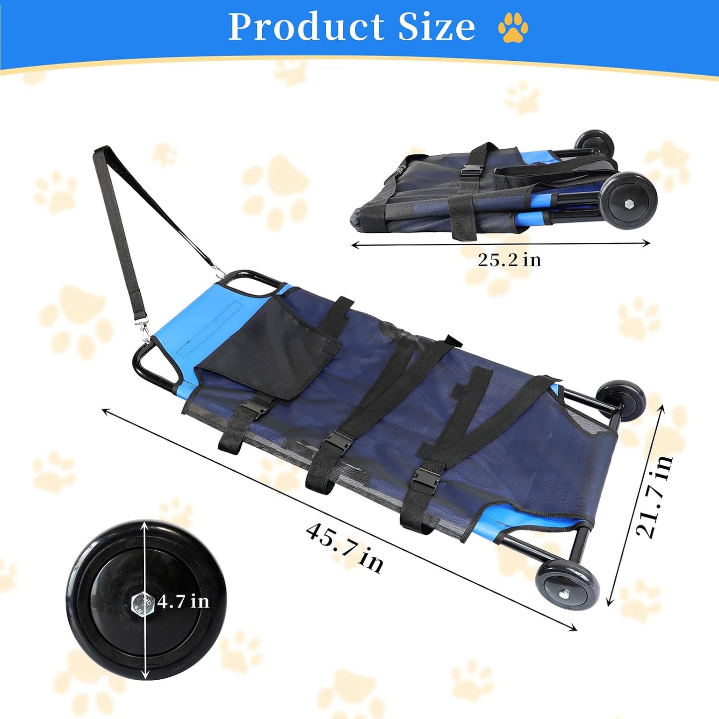 300LBS Pet Rescue Stretcher for Large Dogs, 45" x 22" Dog Transport Stretcher with Belt and Wheels, Foldable Pet Stretcher for Injured Disabled Large Dogs Pet First Aid Transport