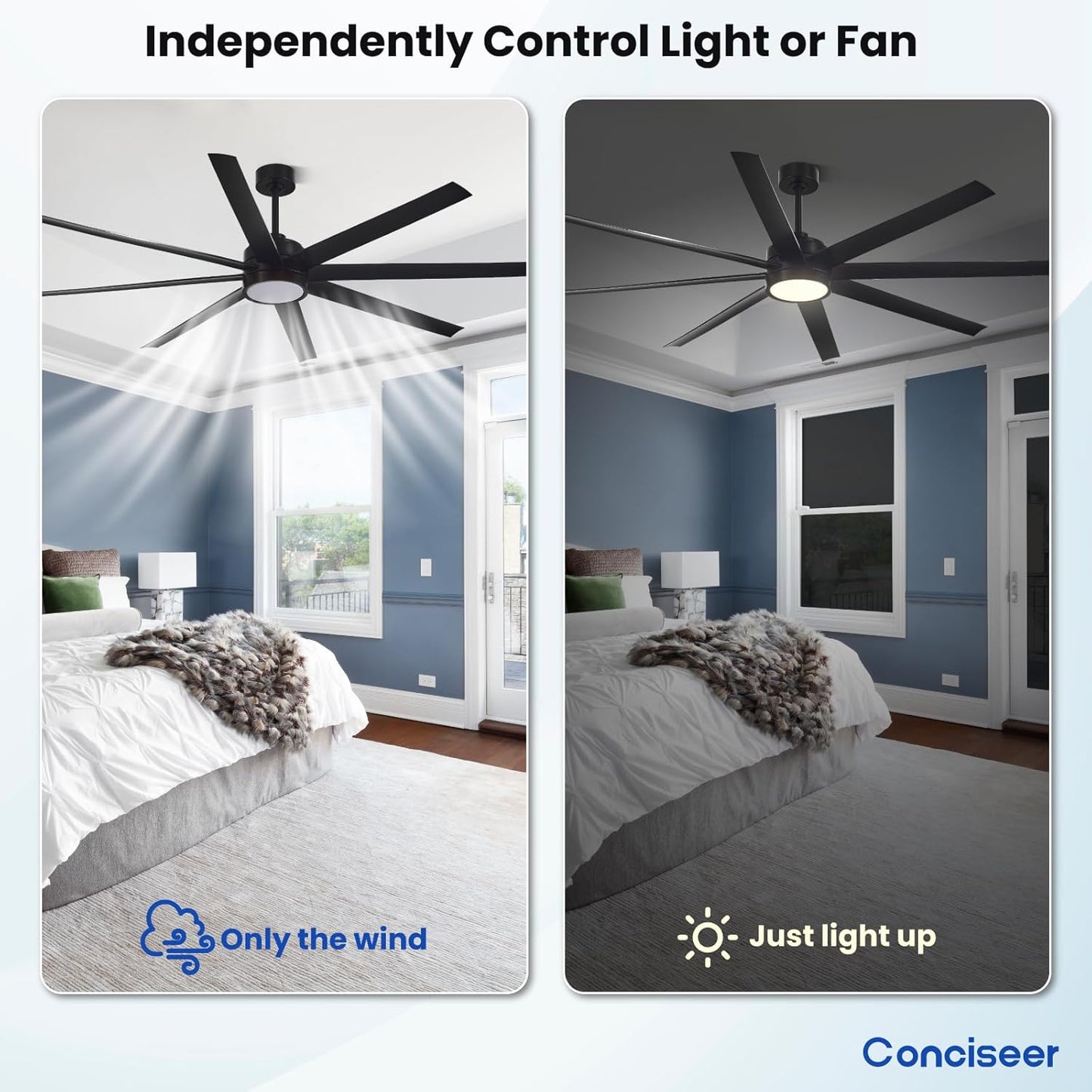 Modern Ceiling Fans with Lights, 72 Inch Ceiling Fans with Remote for Bedroom Living Room Kitchen, 8 Blades 6 Speed Reversible Quiet DC Motor Black