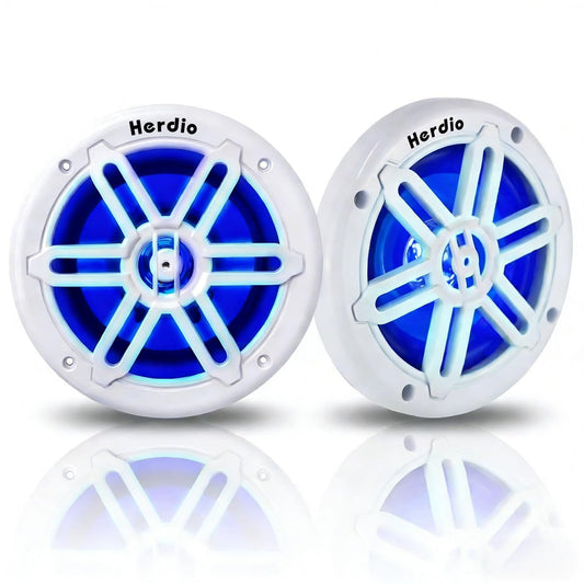 8" 450W Marine Speakers - IP66 Waterproof Coaxial Audio, with Blue LED Light for Boats, ATVs, UTVs with UV Resistant White Grille (A Pair) White 8