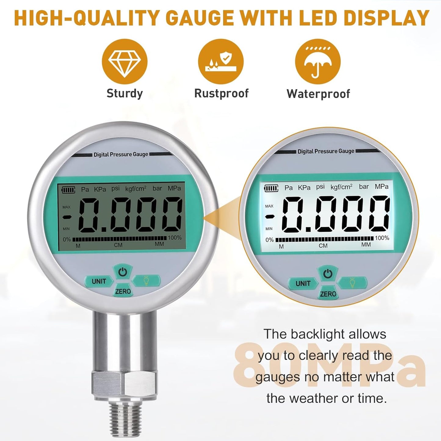 80M Digital Hydraulic Pressure Test Kit, Max 11603PSI/80Mpa 2 Digital Pressure Gauges, 10 Test Couplings, 2 Quick Connectors, 2 Long Test