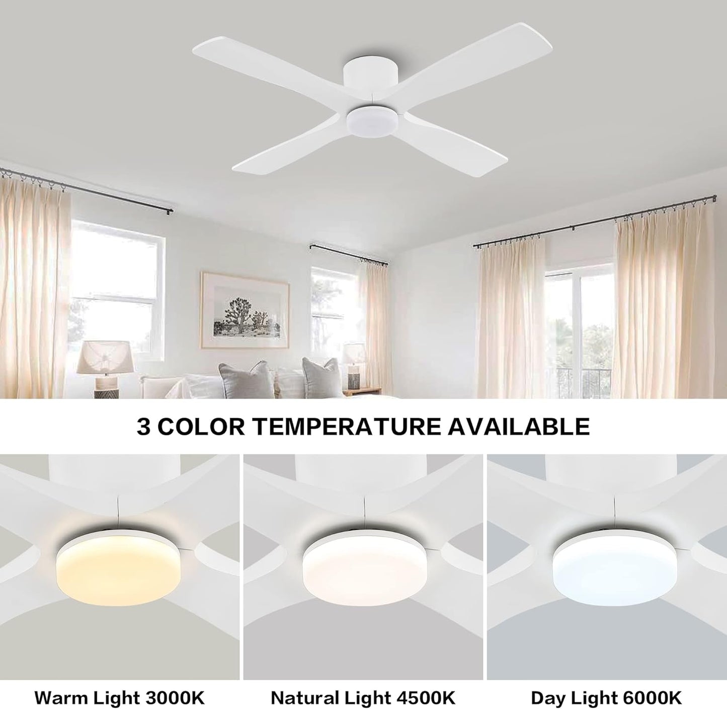 60 Inch Flush Mount DC Ceiling Fan with Lights and Remote, 4 Reversible Carved Wood Blades, 6-Speed Noiseless DC Motor, Hugger Ceiling Fan in Gloss Wh