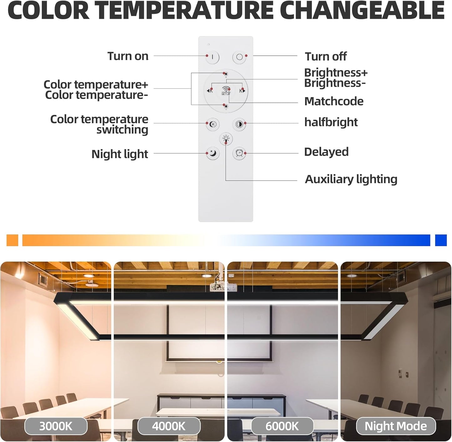 8FT x 4FT LED Linear Light Rectangular Set with Remote Control, 50W Seamless Connection, 3000K to 6000K Color Changing, Co