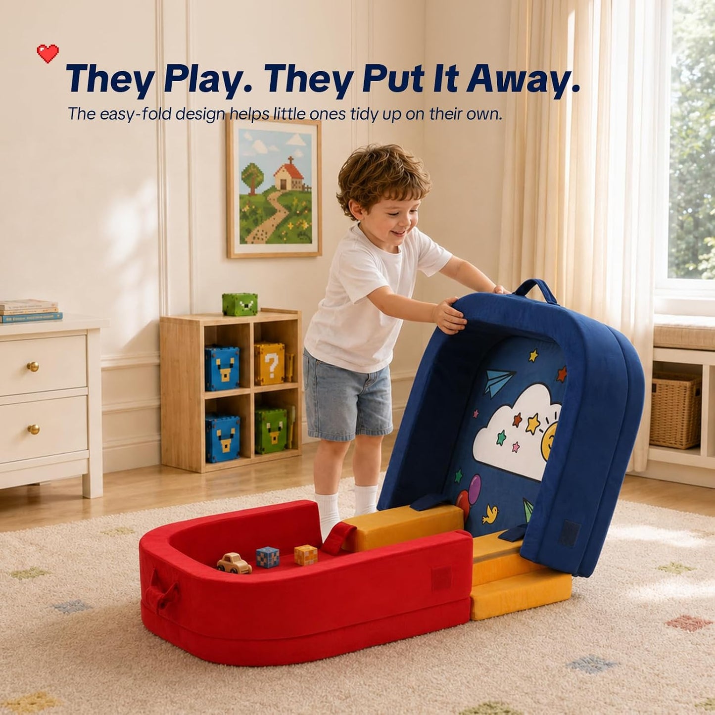Toddler Travel Bed Foldable Portable Floor Bed Soft Foam 23'' | Built-in Safety Rails, No Assembly, Washable Cover, Comfortable Mattress for Travel, Home Use for Kids Ages 15 to 72 Months Red Blue 54''x23''x7''