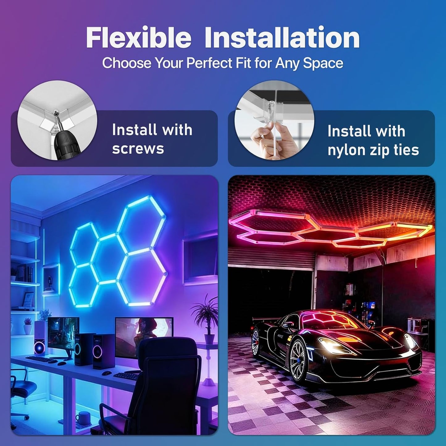 HYPERLITE Hexagon Garage Lights: Gen IV-3 Grid RGB Hexagon LED Lights with Music Sync Mode, App & Remote Control, Multi-Color Honeycomb Light for Gaming Room, Gym, Garage 3 HEX