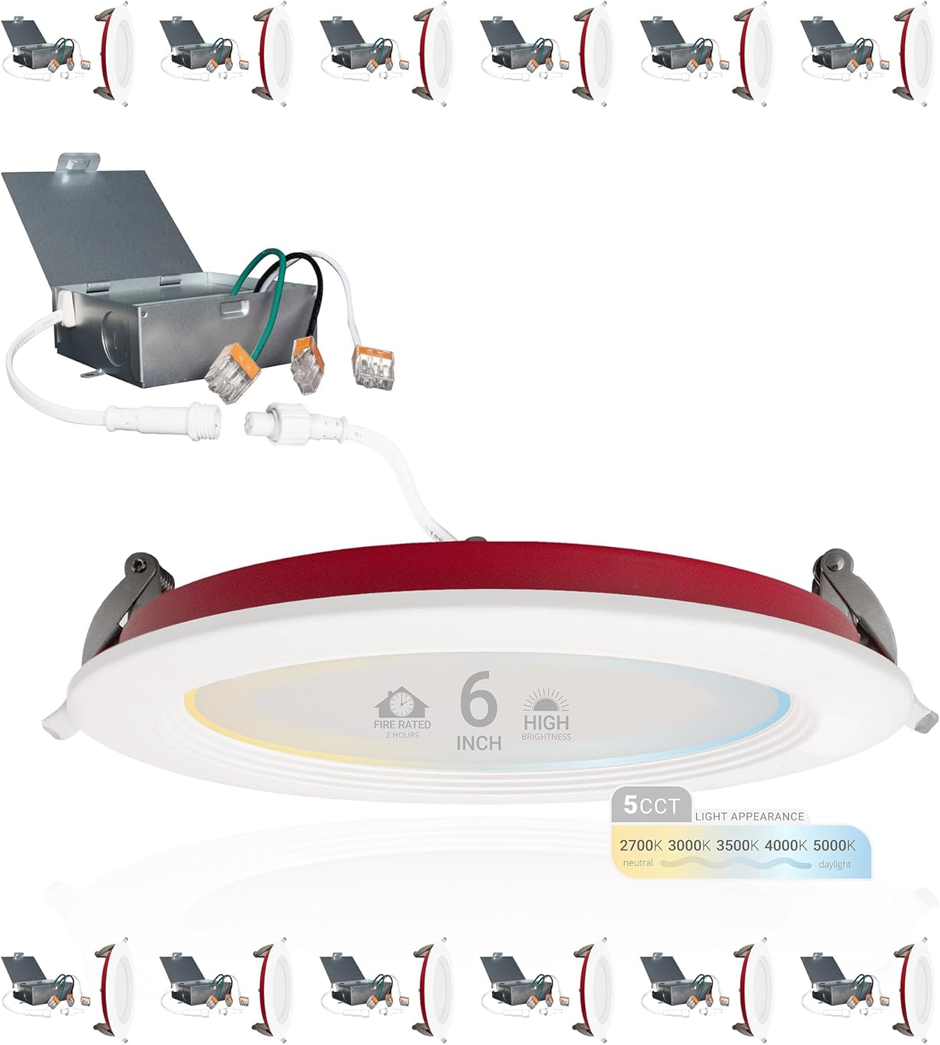 12 Pack, 6 Inch 2 Hour Fire Rated Ultra-Thin LED Baffle Trim Recessed Light, 2700K/3000K/3500K/4000K/5000K Selectable, Dimmable 1200LM, IC Rated, Wet