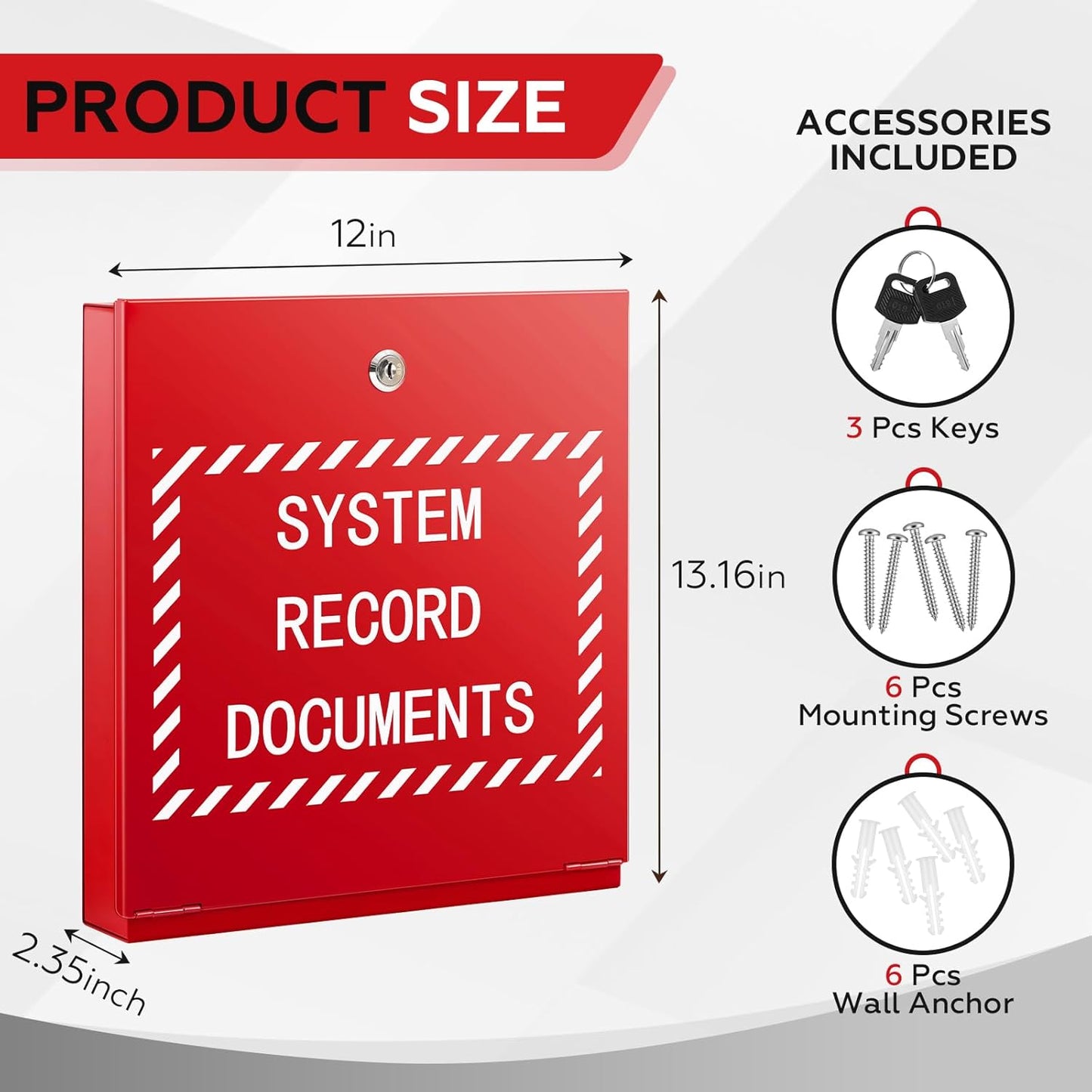 Systems Record Document Cabinet Lock, System File Cabinet Locking Document Storage Red for Office Home with 2 Keys and 6 Screws(12 in x 13 in x 2.35 in)