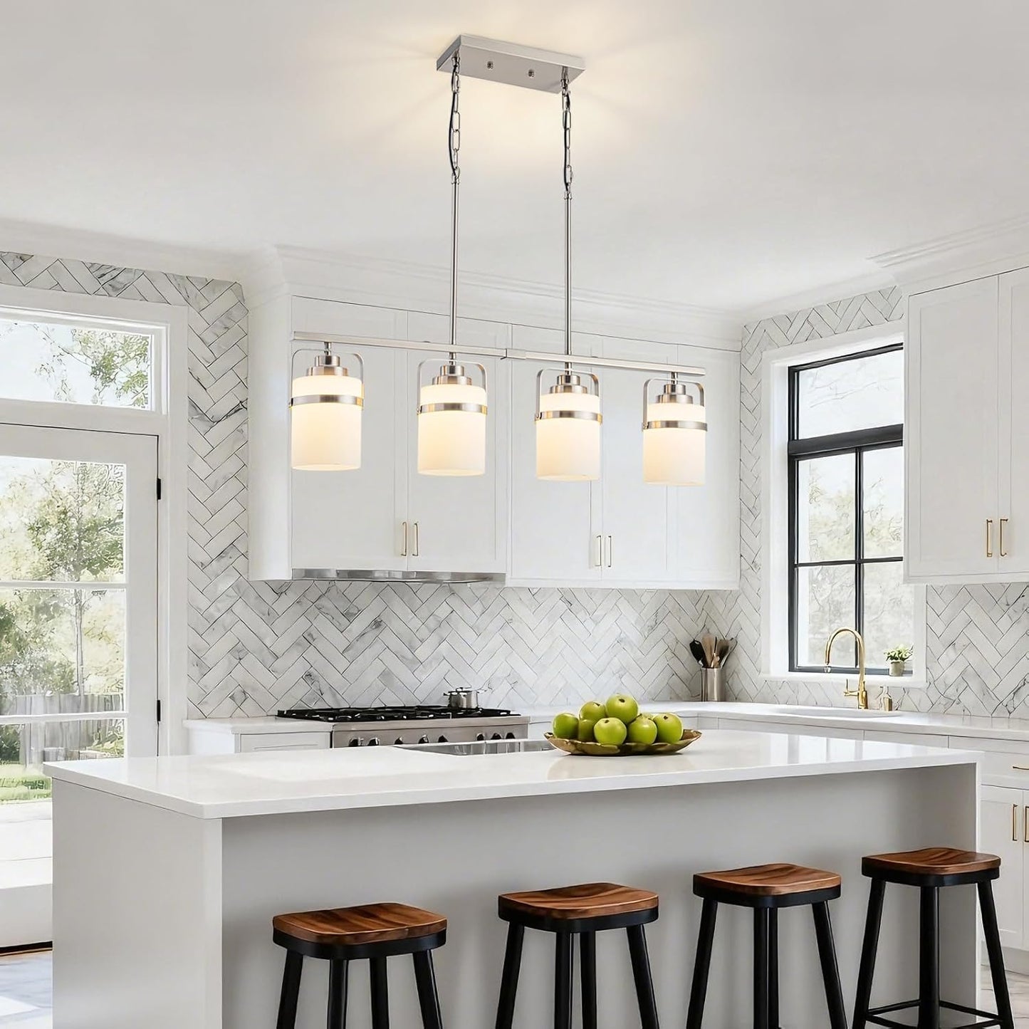 4 Light Kitchen Island Lighting, Brushed Nickel Dining Room Light Fixture with Milk Glass Shade, Adjustable Height Modern Chandelier Pendant Light for Dining Table Living Room Brushed Nickel, Milk Glass 4-Lights