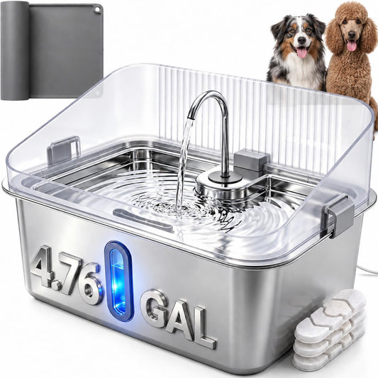 4.76 Gal Dog Water Fountain for Large Dogs, Stainless Steel Pet Water Dispenser with Splash Guard, Large Capacity Dog Bowl with Visible Window, Quiet Pump, 3 Filters and Silicone Mat, Modern Silver