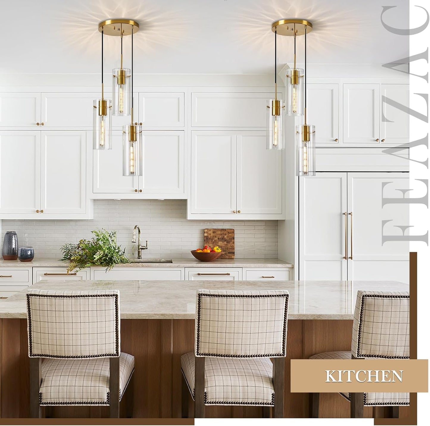 Brushed Gold Pendant Light Fixtures, 3-Light Modern Cluster Pendant Lights with Clear Striped Glass Shade, Farmhouse Brass Chandelier for Kitchen