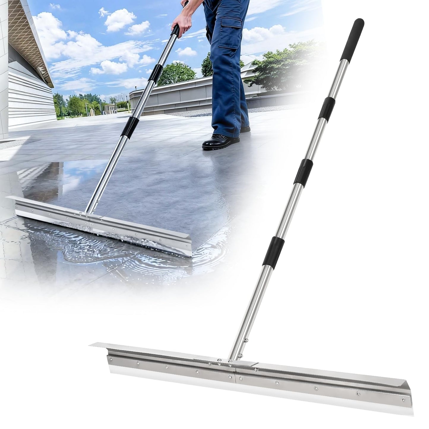 Heavy-Duty 33.4" Floor Squeegee for Concrete, Industrial Silicone Blade Squeegee for Floor with 63" Stainless Handle, Anti-Splash Curved Baffle Design for Garage, Factory, Warehouse