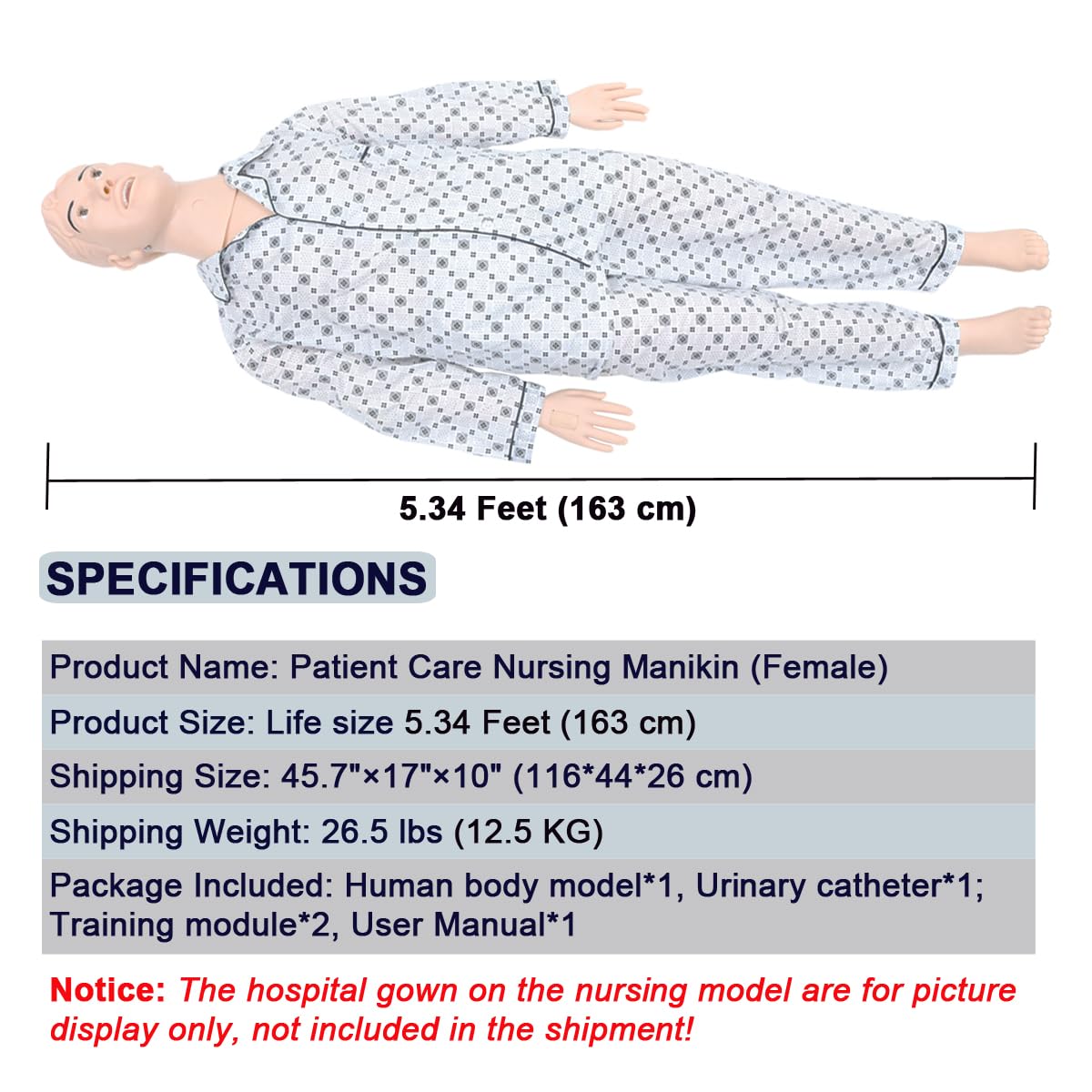 INTBUYING Patient Care Nursing Manikin Female, 5.34Ft Life-Size Trauma Education Teaching Model Multi-Function Demonstration Manikin Model with 2 Muscle Module and Urinary Catheter for Teaching
