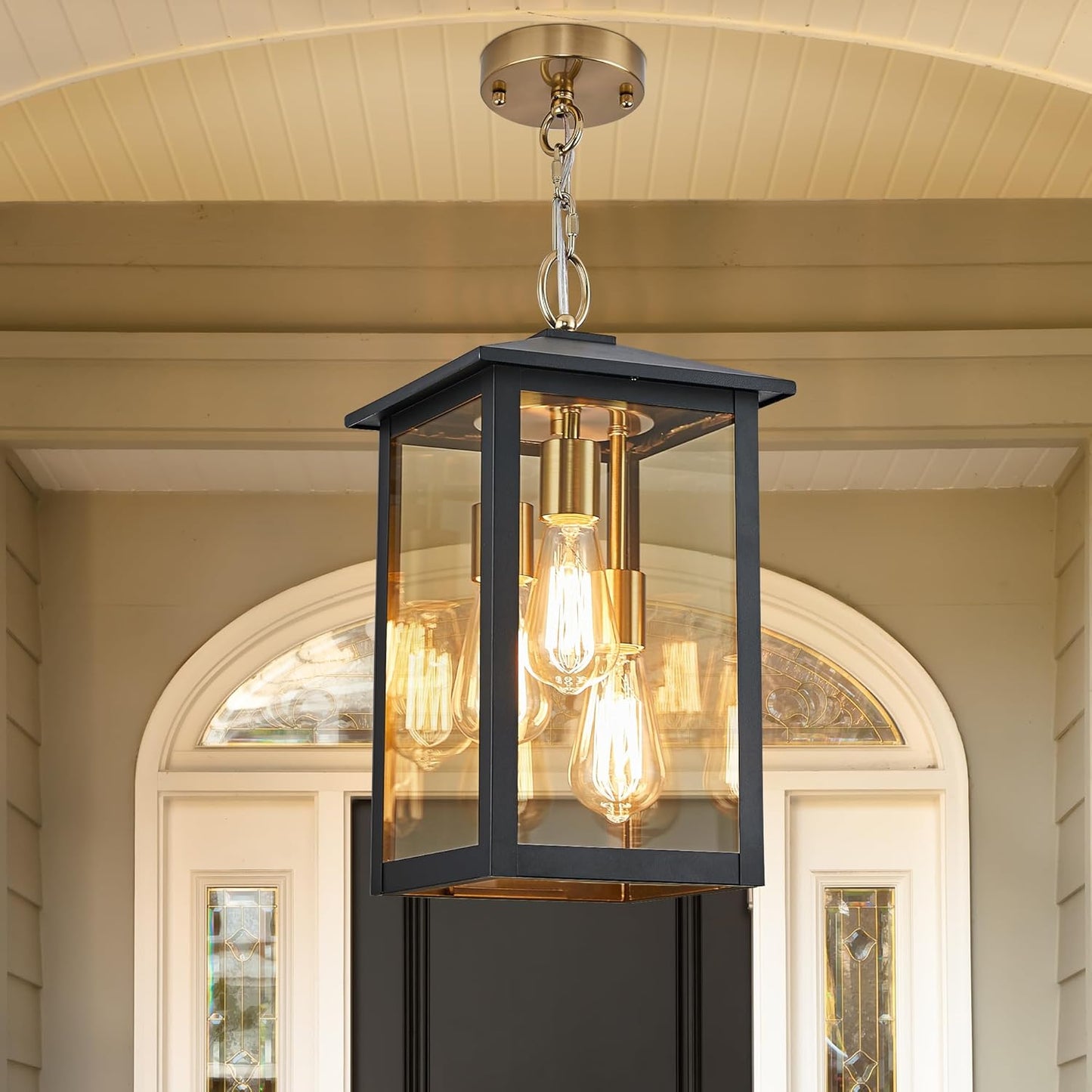 3-Lights Large Outdoor Pendant Light with Clear Glass, 17Inch Ht, Exterior Hanging Lantern with Textured Black, Suitable for Damp Locations