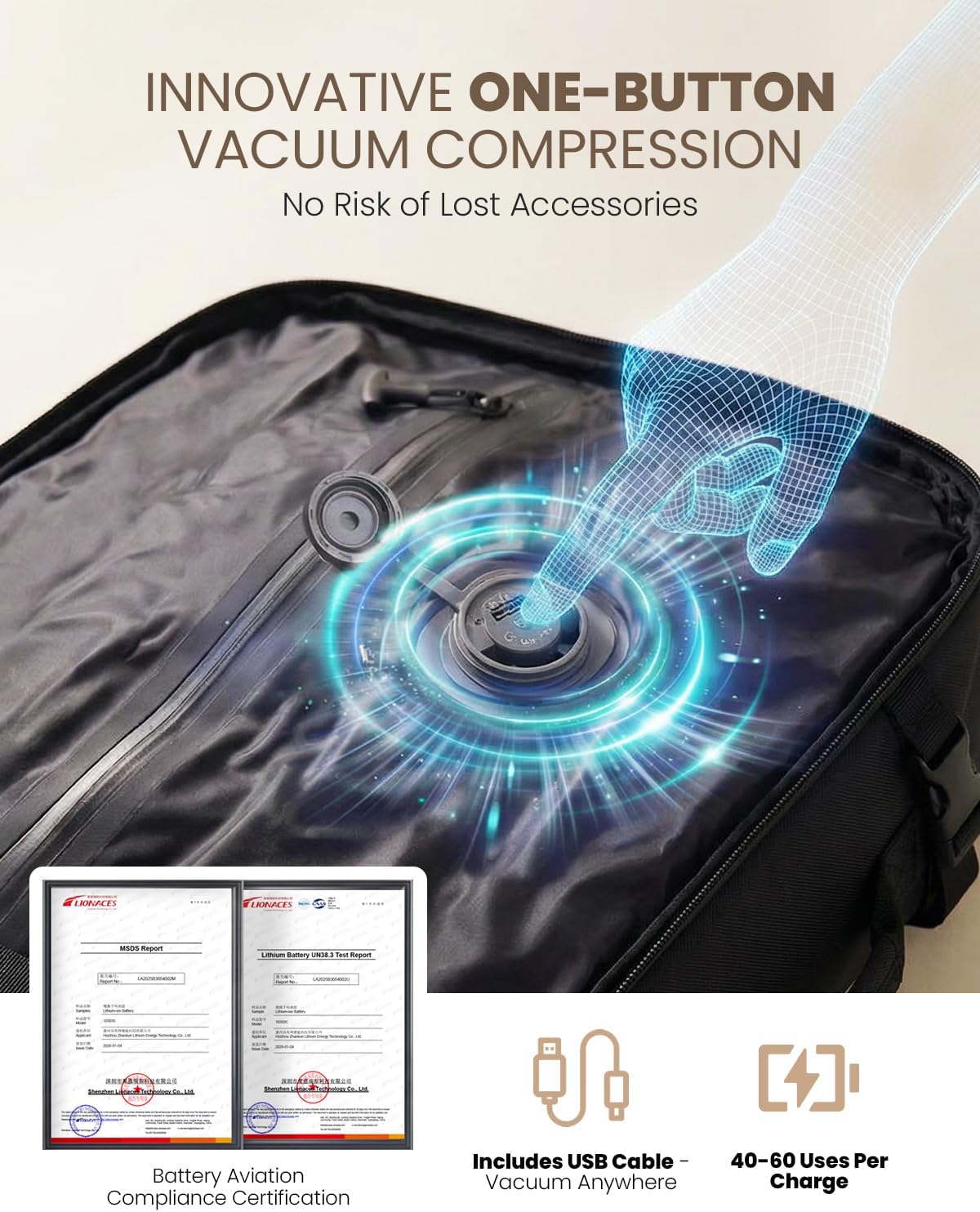 Fanwoli Rolling Vacuum Backpack Travel with One-Button Compression, 55L Expandable, Water Resistant Carry-On Suitcase Luggage, Ideal for Outdoor/Family/Trips Black