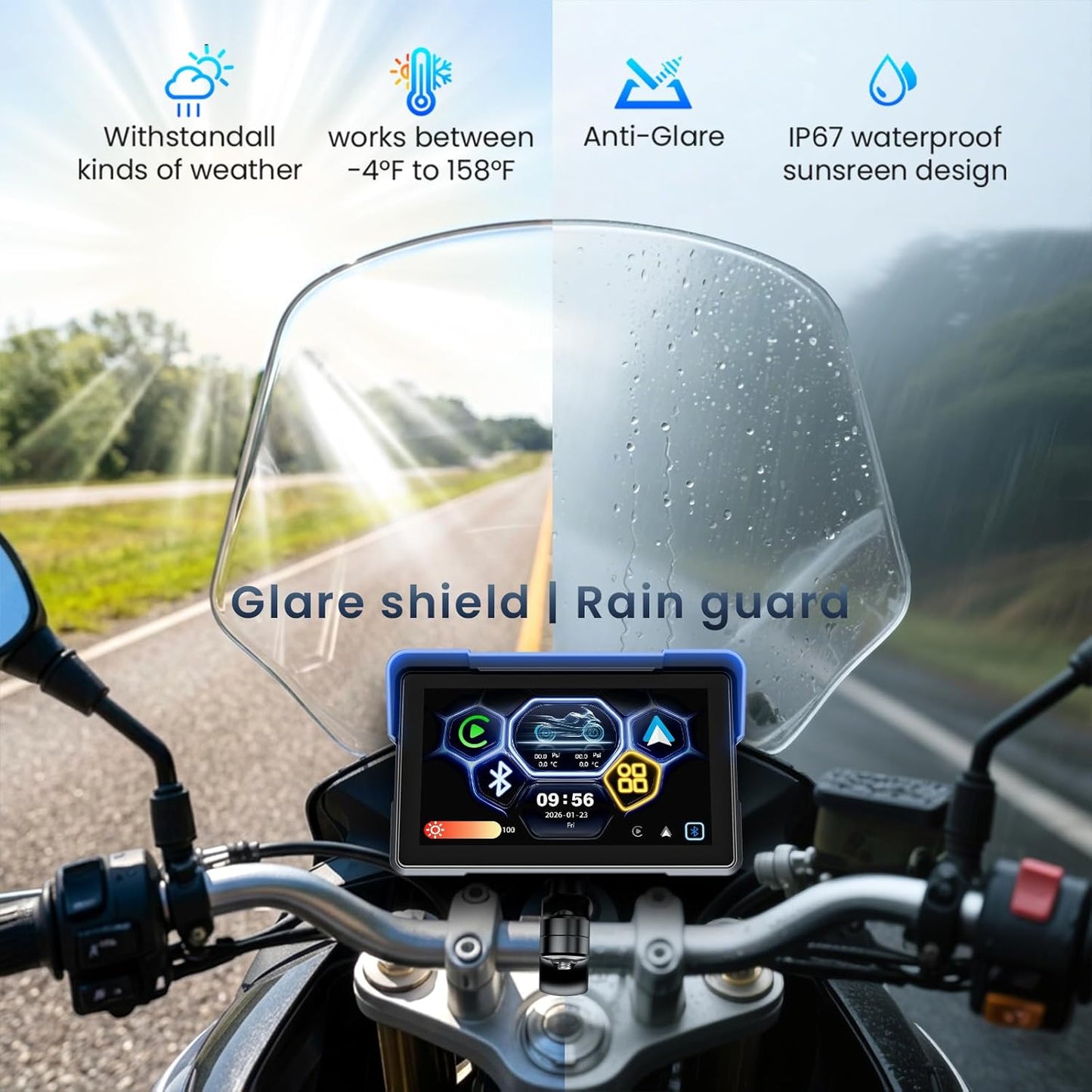 7” Motorcycle CarPlay & Android Auto Display Portable Touch Screen, Support GPS Navigation Siri & Google Assistant, Bluetooth 5.2/ Voice Control/ IP67K Waterproof Anti-Glare Design