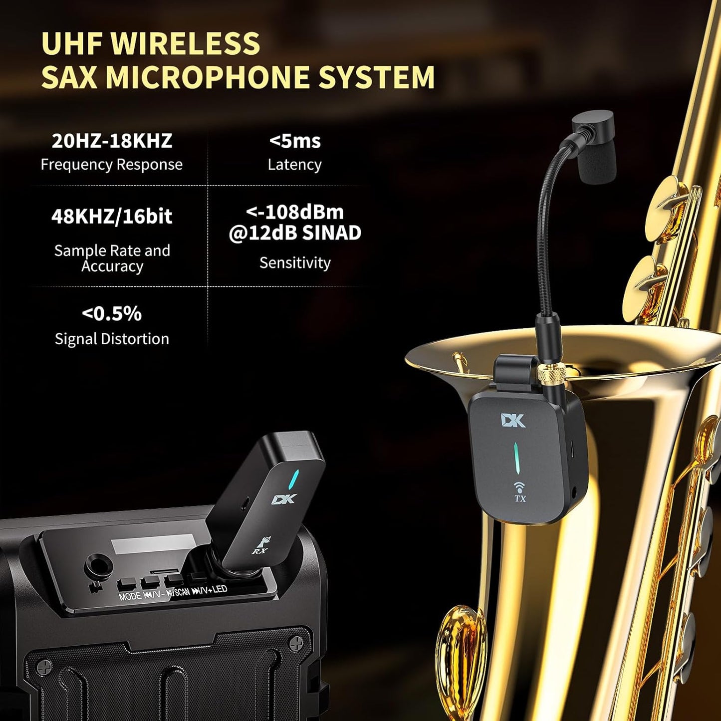 UHF Wireless Saxophone System, Clip-On Multifunctional Instruments Microphone with Charging Case, Three Sax Dedicated Modes, 131 Feet Transmission,