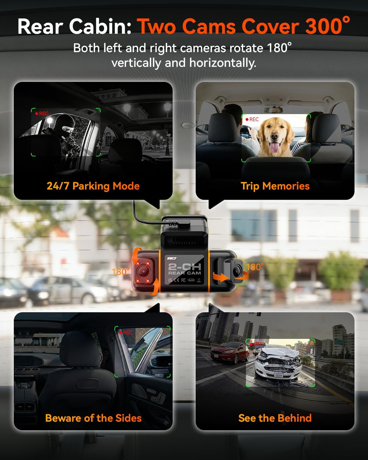 IIWEY N9 360° 5 Channel Dash Cam, Free 128GB Card, 12 IR LEDs Night Vision | 5.8G WiFi-6 with App (up to 20MB/s), 24/7 Parking Mode, Front & Rear Inside, Left, Right Dash Camera for Car, GPS, G-Sensor