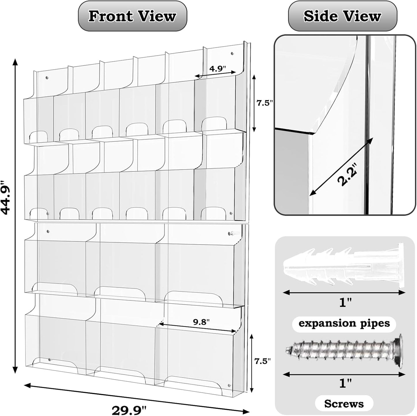 Acrylic Brochure Pamphlet Holder, 6 Magazine Holders and 12 Pamphlet Holders, Clear Brochure Display Holder Wall Mount, Trifold Flyer Rack,