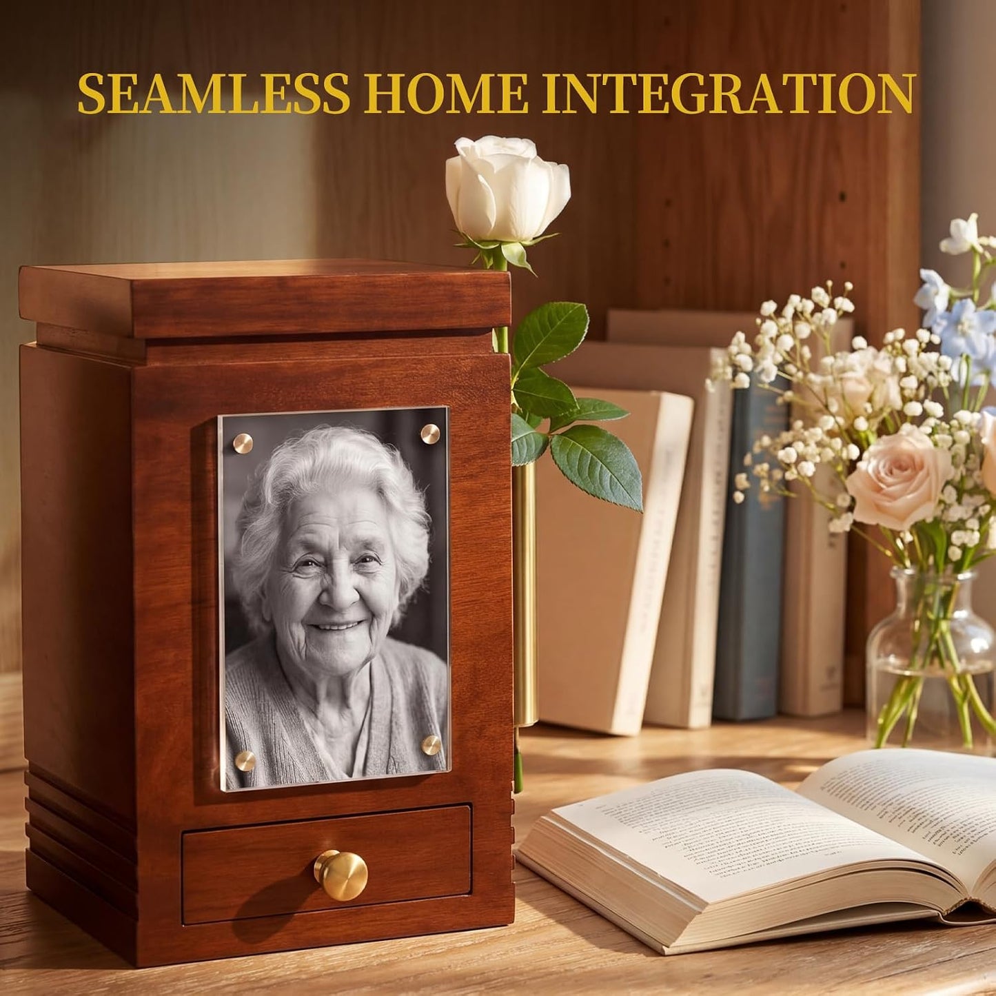 TREUHMM Solid Wood Urn for Human Ashes Adult – 200 Cu in Cremation Urn with Integrated Magnetic Flower Vase & Keepsake Drawer – Premium Walnut Finish Memorial Box for Adult – TSA Approved