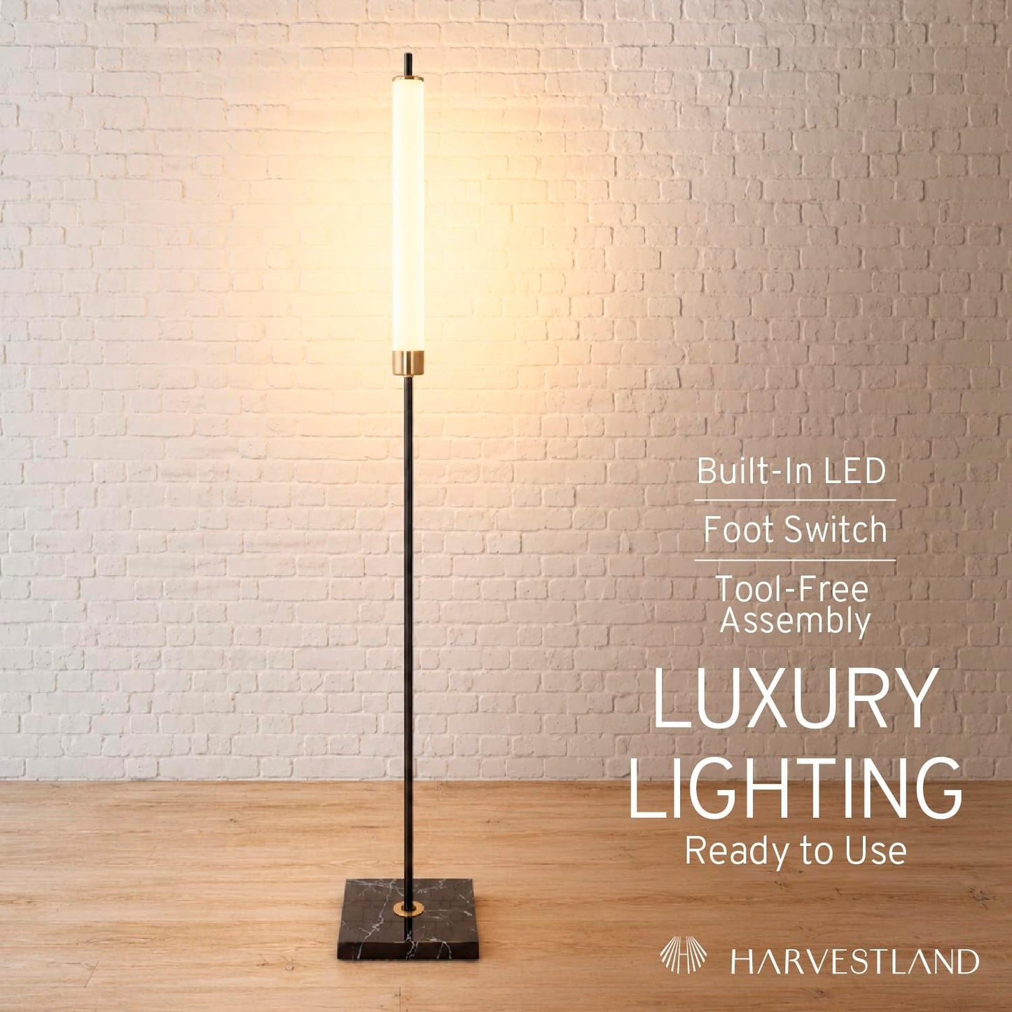 HarvestLand floor lamp, 56" LED standing light 16W 3000K Modern Marble Lamp with 50,000-Hour LED, Black & Brass standing lamp, minimalist lights for bedroom, living room lighting, Office Corner,1 Pack