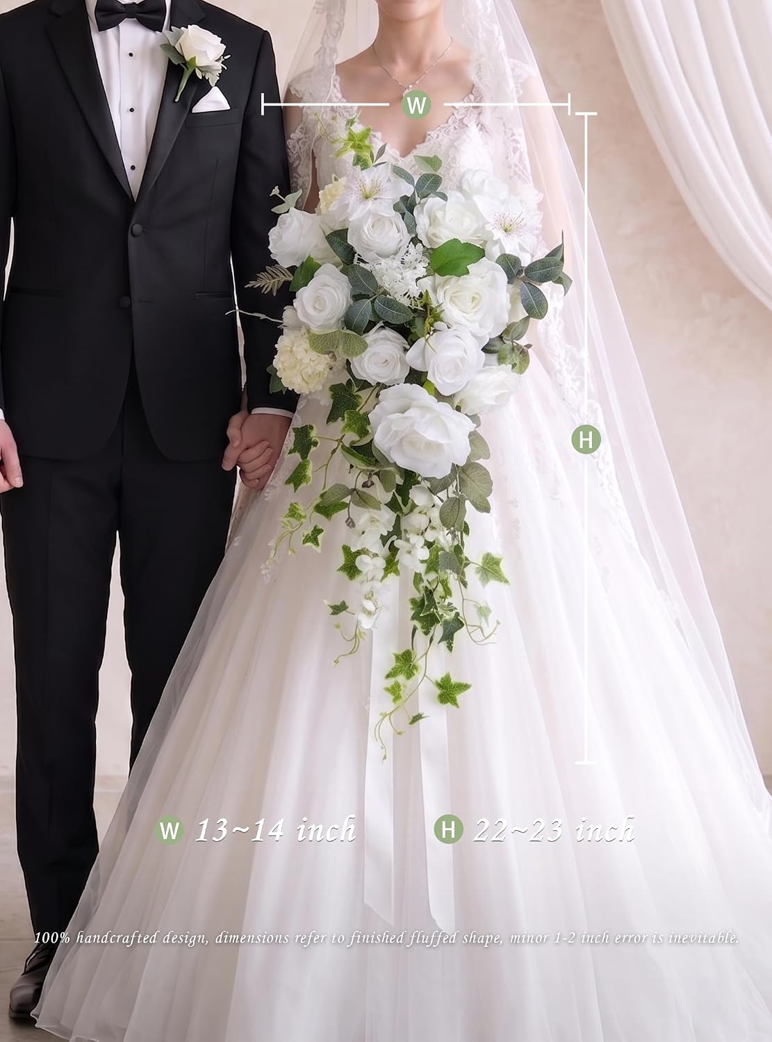 13.7" Wedding Bouquets for Bride,White Silk Cascading Bride Bouquet White & Sage 13.7inch