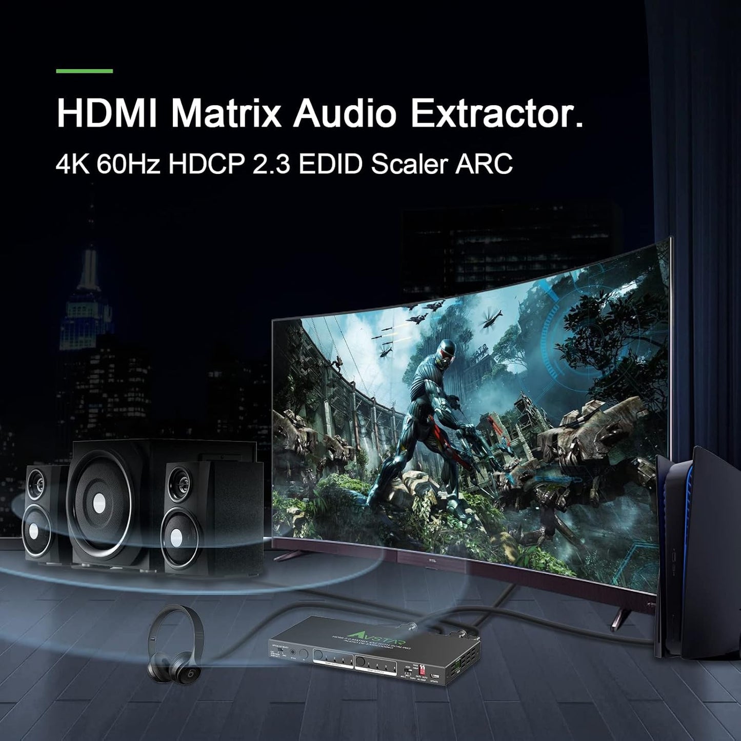 AVFABUL 4K@60Hz HDMI Matrix 4 in 2 Out 4:4:4 ARC HDR Dolby Vision Atmos SPDIF 5.1CH Breakout 3.5mm Stereo EDID Downscaler, HDCP2.2 HDMI2.0 Matrix 4x2