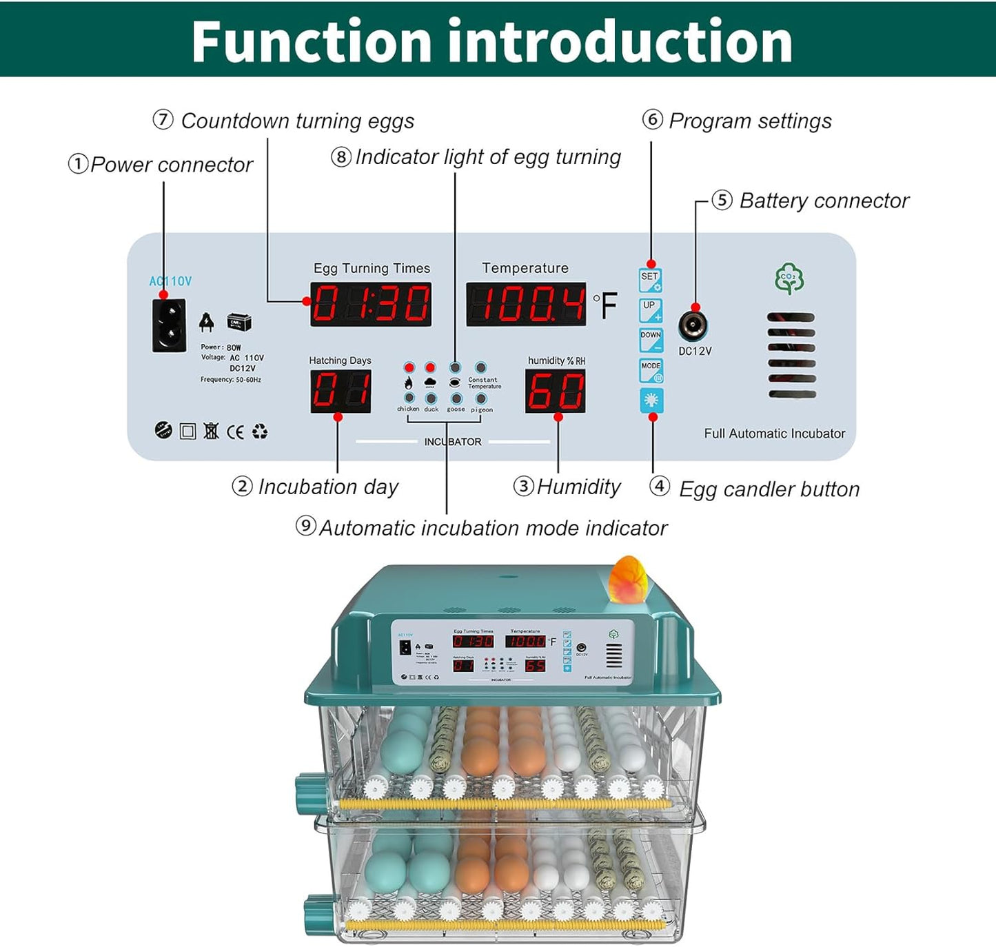 120 Egg Incubator, Incubator for Chicken Eggs with Automatic Egg Turning and Humidity Monitors, 5 Automatic Incubation Modes