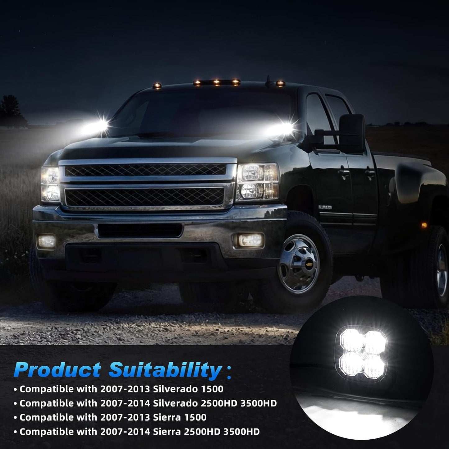 3 Inch LED Ditch Lights for 2007-2014 Silverado Tahoe Suburban Sierra Yukon, with A-Pillar Brackets Wiring Harness Combo Kits, 40W Spot Flood Offroad LED Lights Bar Pods White Yellow Lihgt, Pair B | 2007-2014 Silverado Sierra