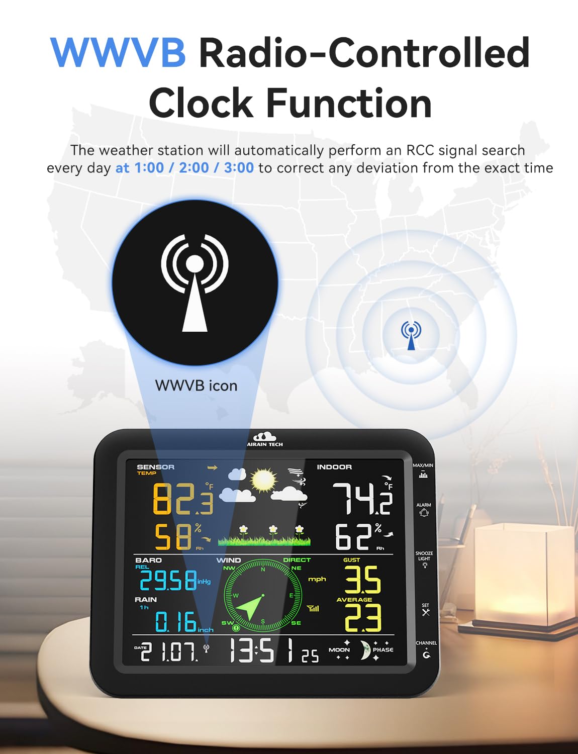 Wireless Weather Station – with Outdoor Sensor, Rain Gauge, Wind Speed/Direction, Moon Phase, Barometer, Indoor/Outdoor Temp & Humidity, Weather Forecast (No WiFi)
