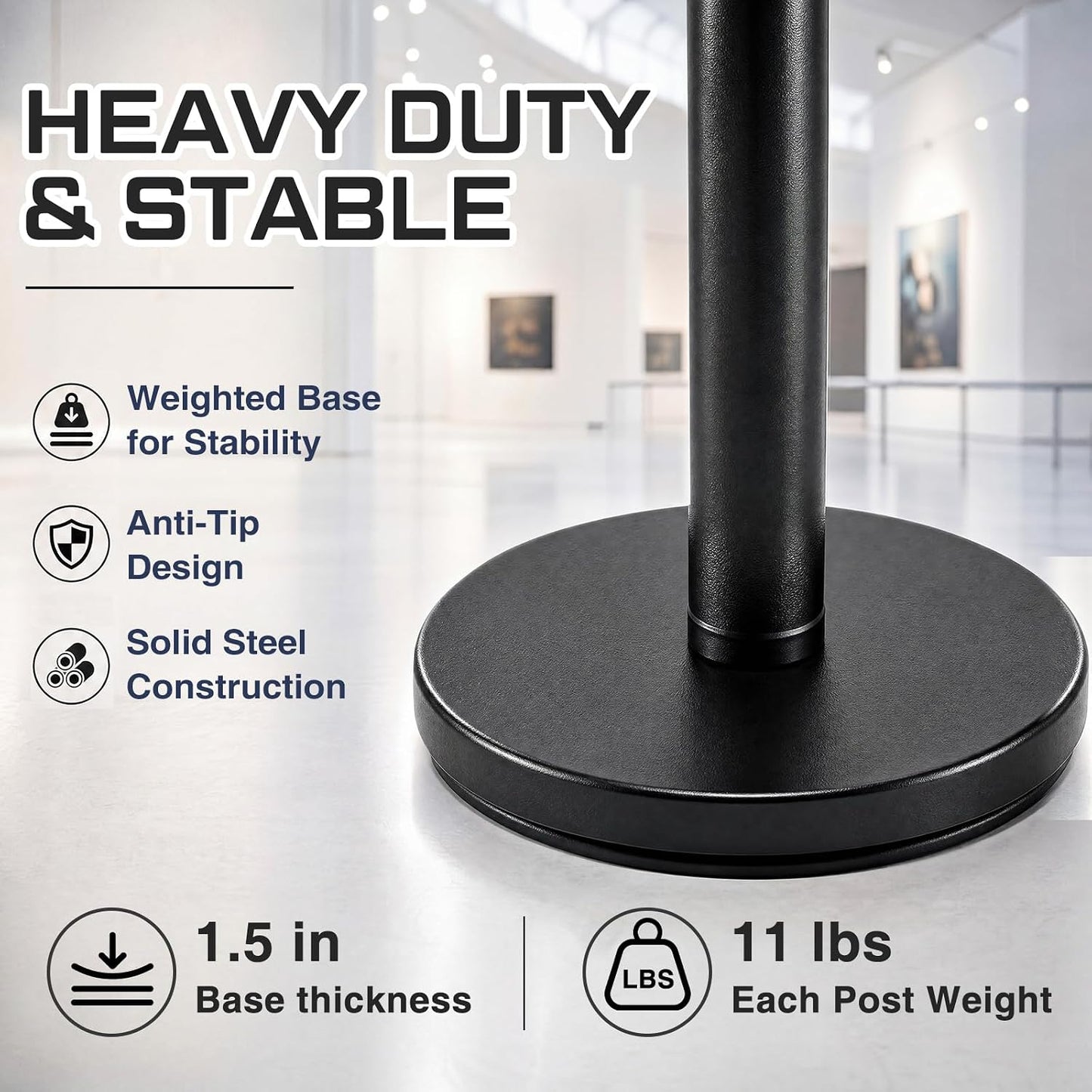 Gisafai 2 Pack 24" Stanchions Black, Low Profile Stanchions Crowd Control | with 10ft Retractable Belts, Stanchions for Theaters, Parties, Car Shows, Museums, Art Galleries, Unobstructed View Display