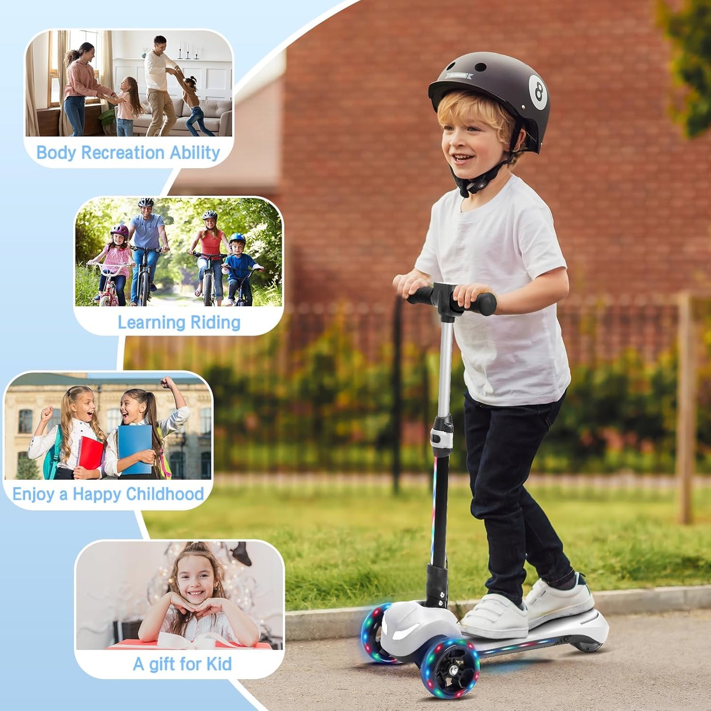 3 Wheel Electric Scooter for Kids, Electric Kick Scooters with Powerful Motor, 21V Battery, Thumb Throttle, 5mph Safe Speed, LCD Screen, Light Up