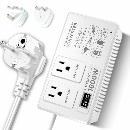LVYUAN 1600W Pure Sine Wave Step-Down Voltage Converter with LCD | 200-240V input to 100-120V 60Hz output, 3 travel plug adapters: Type E/F, G, and I, White