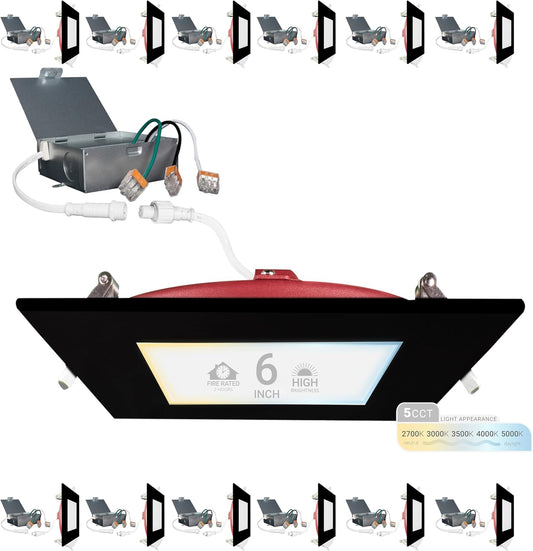 12 Pack, 6 Inch 2 HOUR FIRE RATED LED Recessed Light, 2700K/3000K/3500K/4000K/5000K Selectable, 1200 Lumen Dimmable, IC Rated, Square Black Trim,