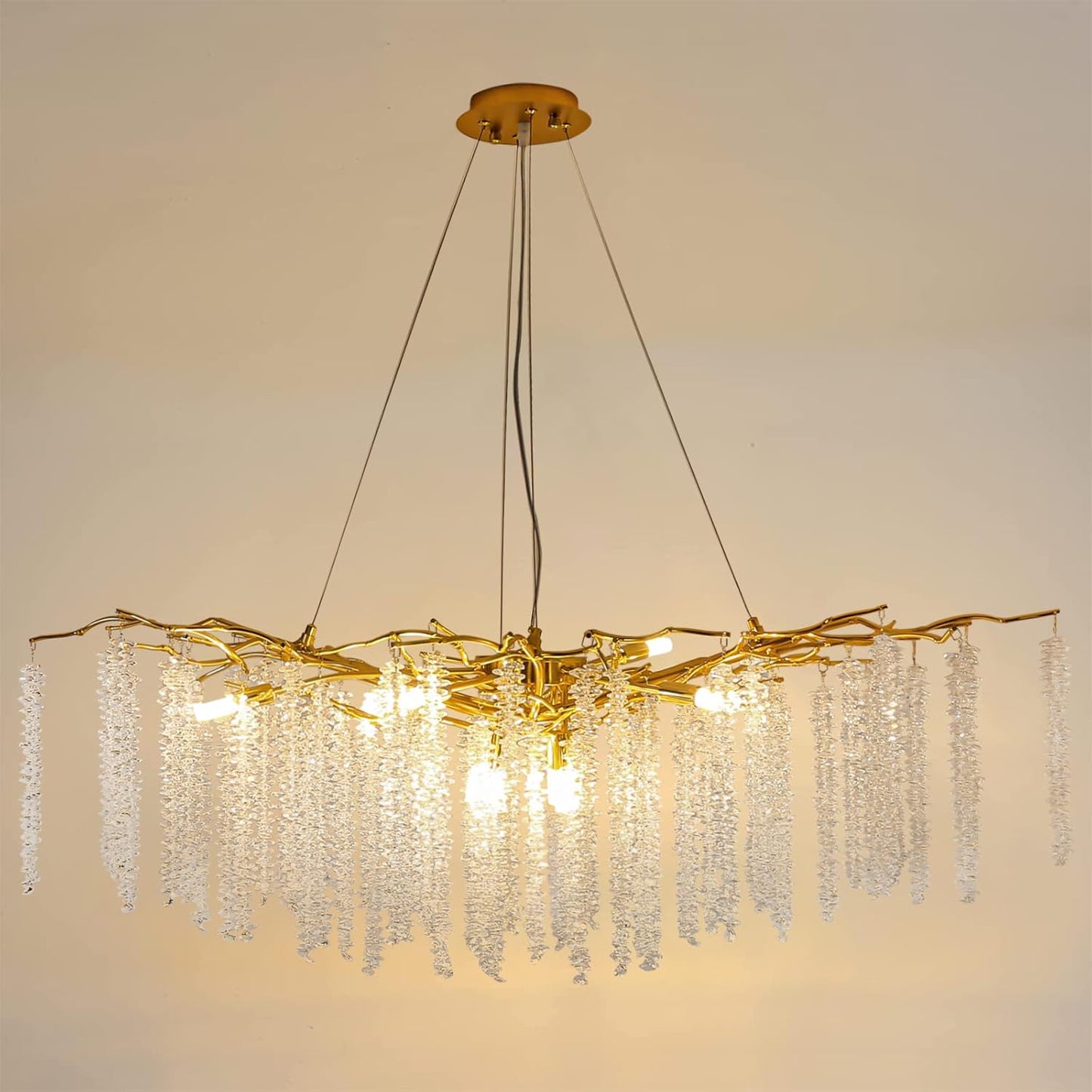 XYDikssn Adjustable Tree Branch Chandelier L43 Inch, Modern Luxury Gold Rectangular Crystal Chandeliers Long Tassel Hanging Light Fixture for Kitchen